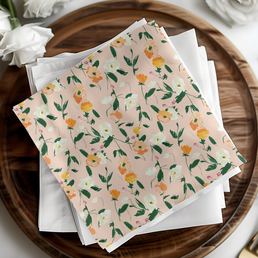 Digital Watercolor Floral Pattern, Peach, White, Orange Flowers, Abstract Spring Illustration, Printable Fabric Design, Seamless Repeat - Moore and Mountain