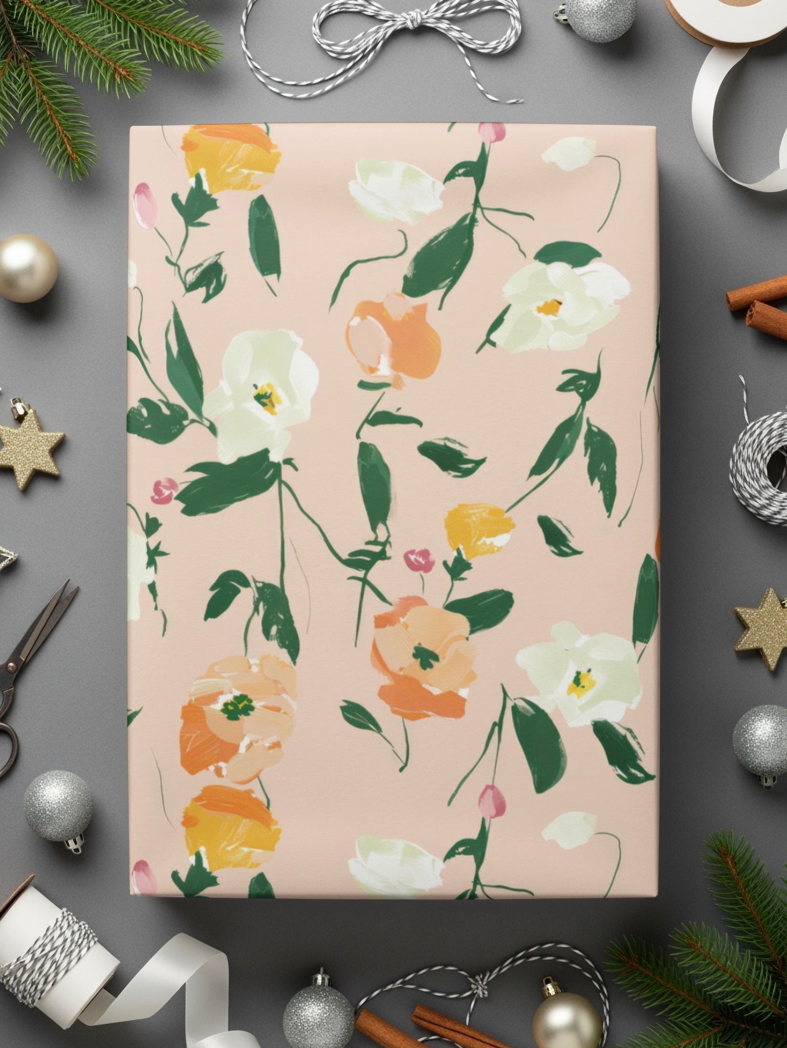 Digital Watercolor Floral Pattern, Peach, White, Orange Flowers, Abstract Spring Illustration, Printable Fabric Design, Seamless Repeat - Moore and Mountain