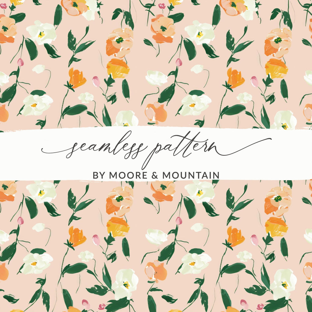 Digital Watercolor Floral Pattern, Peach, White, Orange Flowers, Abstract Spring Illustration, Printable Fabric Design, Seamless Repeat - Moore and Mountain