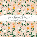 Digital Watercolor Floral Pattern, Peach, White, Orange Flowers, Abstract Spring Illustration, Printable Fabric Design, Seamless Repeat - Moore and Mountain