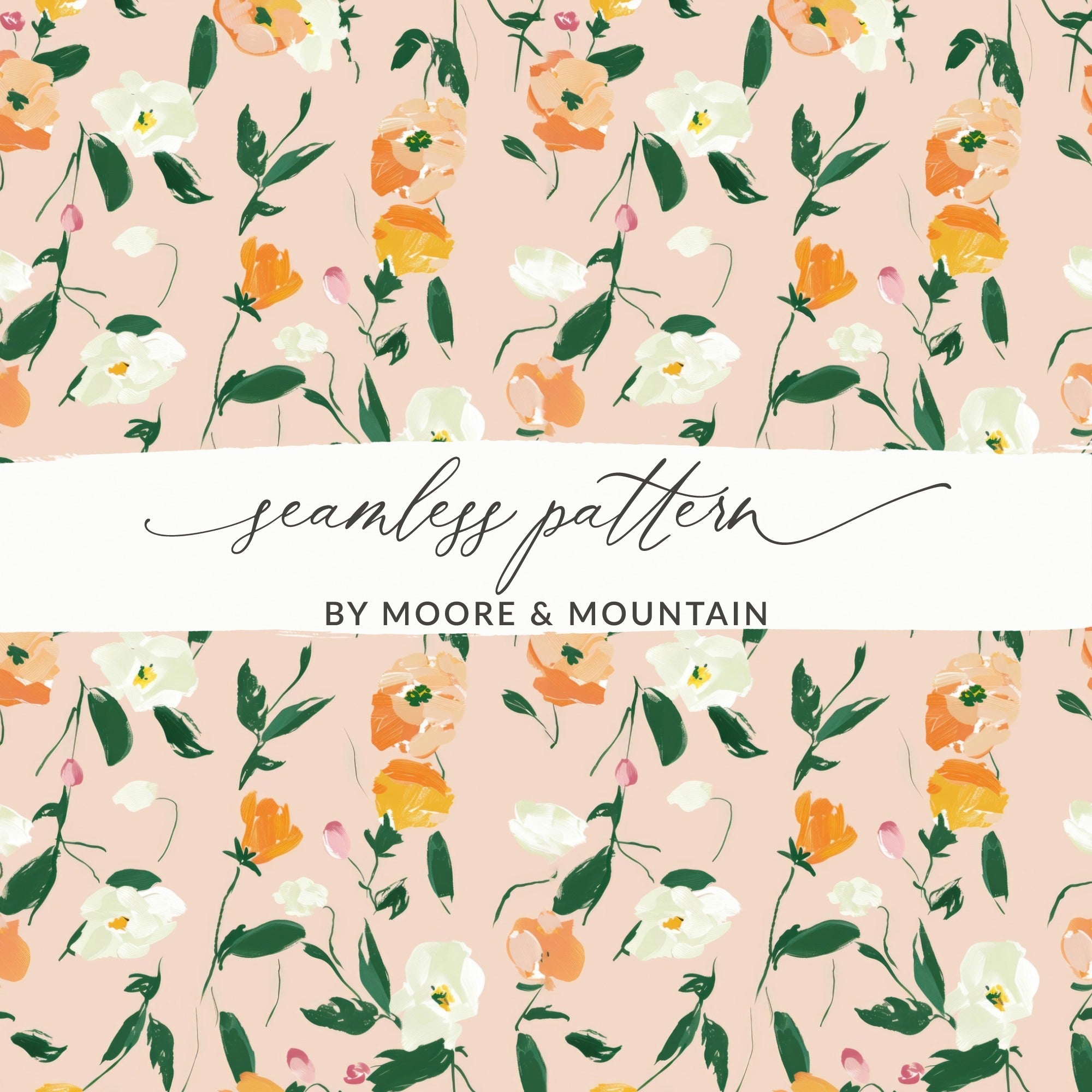 Digital Watercolor Floral Pattern, Peach, White, Orange Flowers, Abstract Spring Illustration, Printable Fabric Design, Seamless Repeat - Moore and Mountain