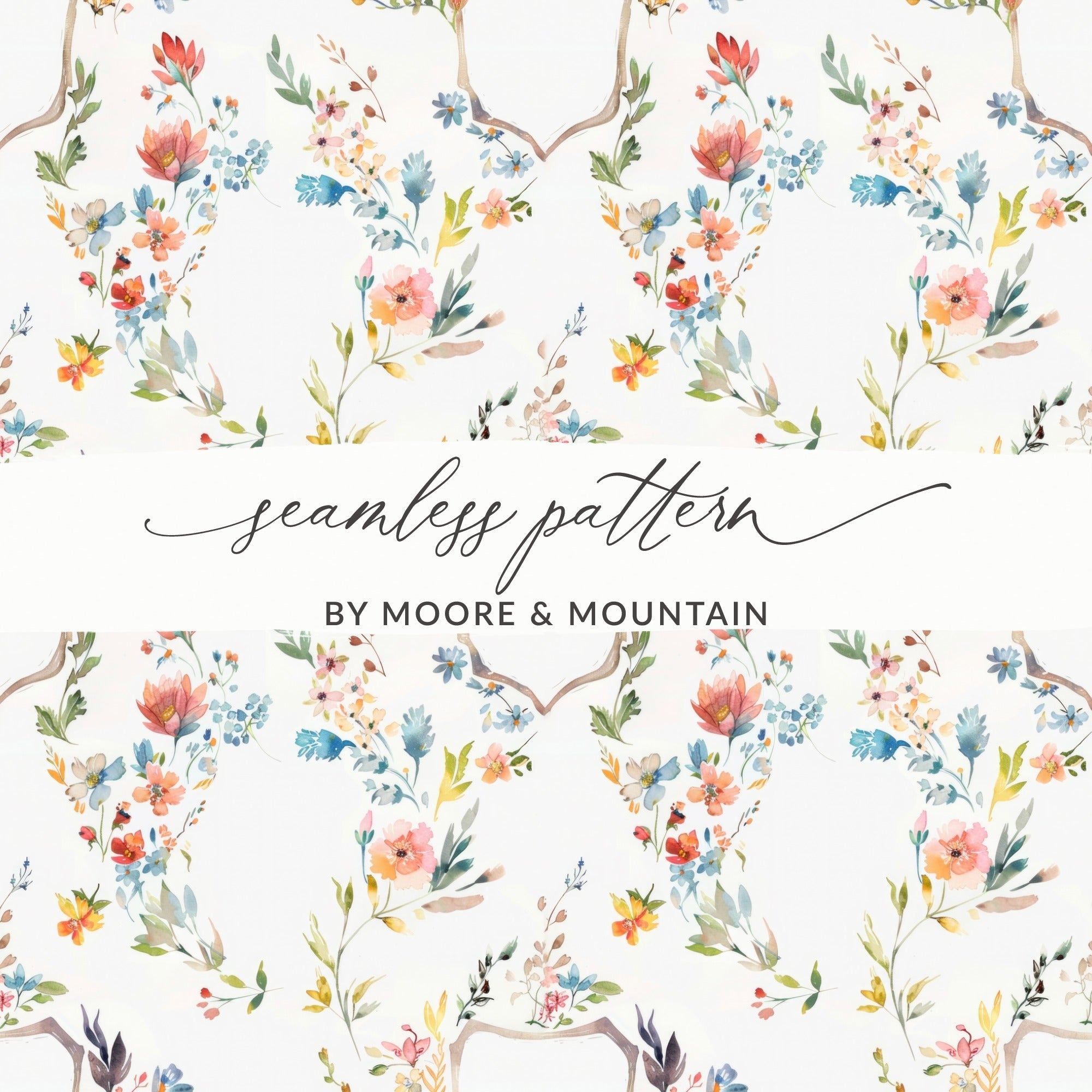 Digital Watercolor Floral Pattern, Red Blue Yellow, Spring Flower Design, Printable Fabric Seamless Tile, Watercolor Clipart, Floral Repeat - Moore and Mountain