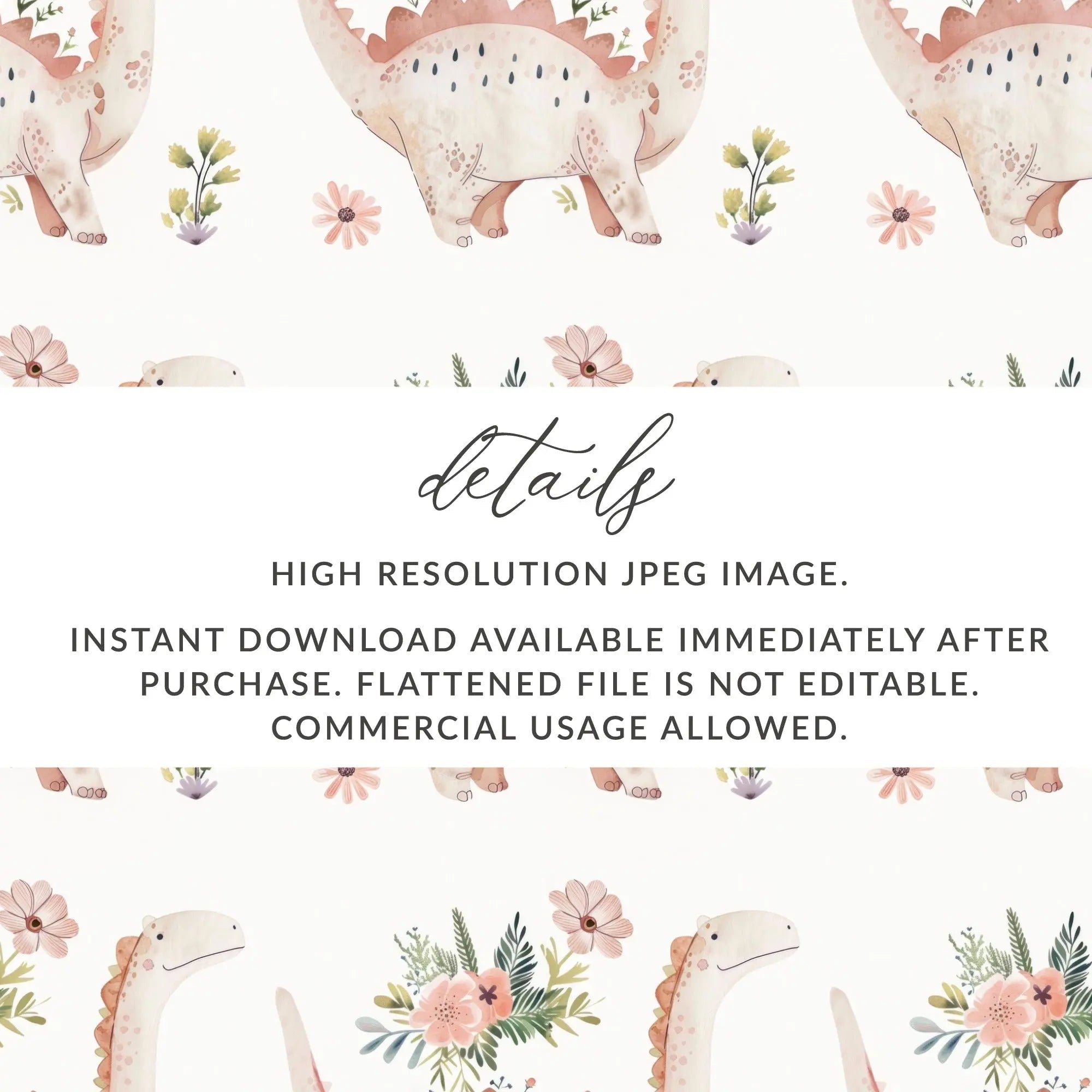 Dinosaur Seamless Pattern Digital, Floral Dinosaur Print File, Watercolor Dino Design, Kids Fabric Pattern, Girls Room Clipart - Moore and Mountain