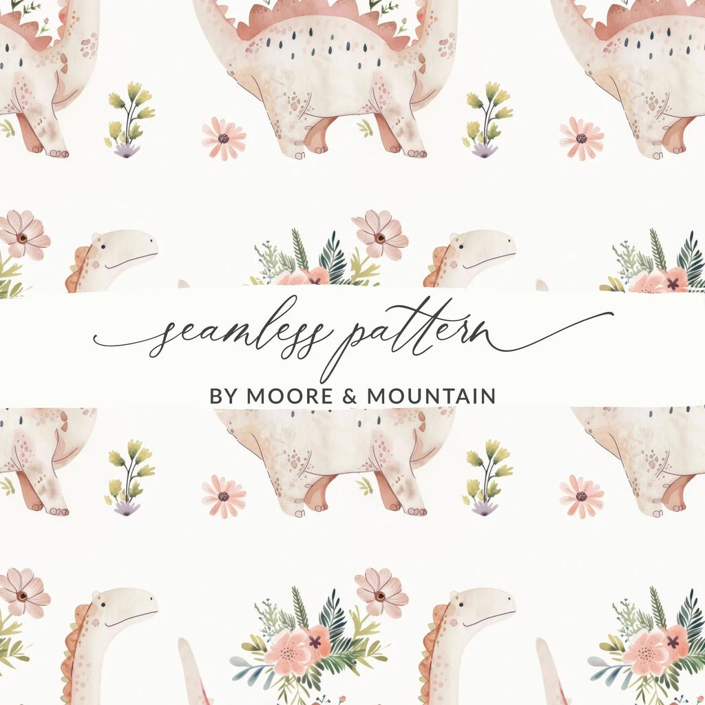 Dinosaur Seamless Pattern Digital, Floral Dinosaur Print File, Watercolor Dino Design, Kids Fabric Pattern, Girls Room Clipart - Moore and Mountain
