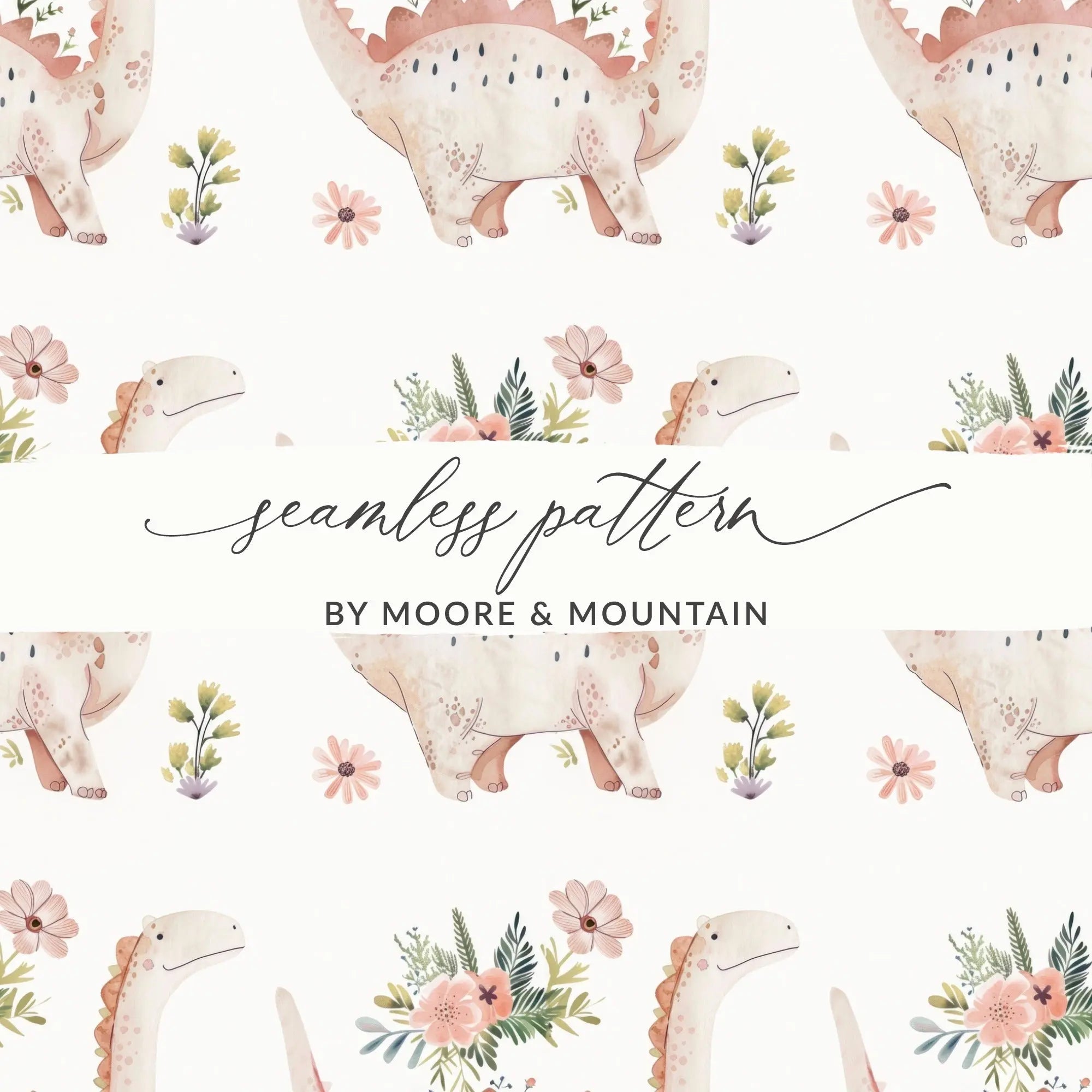Dinosaur Seamless Pattern Digital, Floral Dinosaur Print File, Watercolor Dino Design, Kids Fabric Pattern, Girls Room Clipart - Moore and Mountain