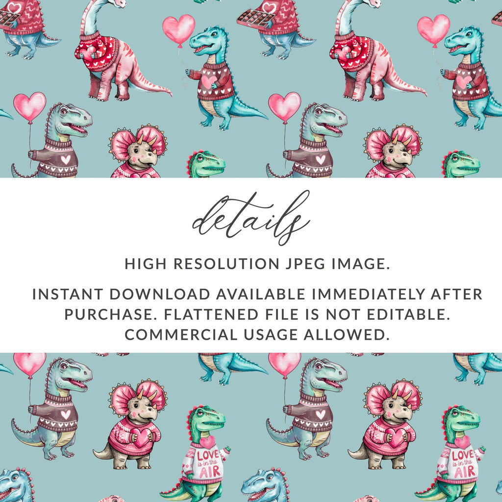 Dinosaur Valentine Seamless Pattern, Digital Paper, Cute Dino Pattern, Dinosaur Love, Kawaii Dino, Valentine Pattern, Digital Download - Moore and Mountain