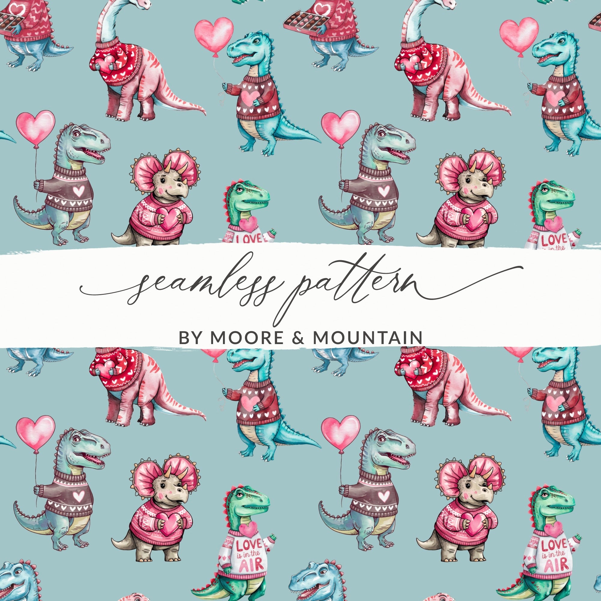 Dinosaur Valentine Seamless Pattern, Digital Paper, Cute Dino Pattern, Dinosaur Love, Kawaii Dino, Valentine Pattern, Digital Download - Moore and Mountain