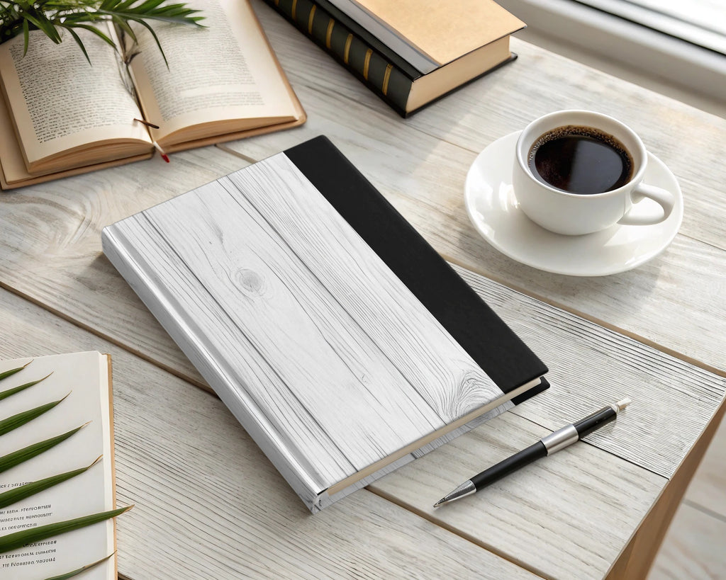 Stylish Hardcover White and Black Wood Design Notebook