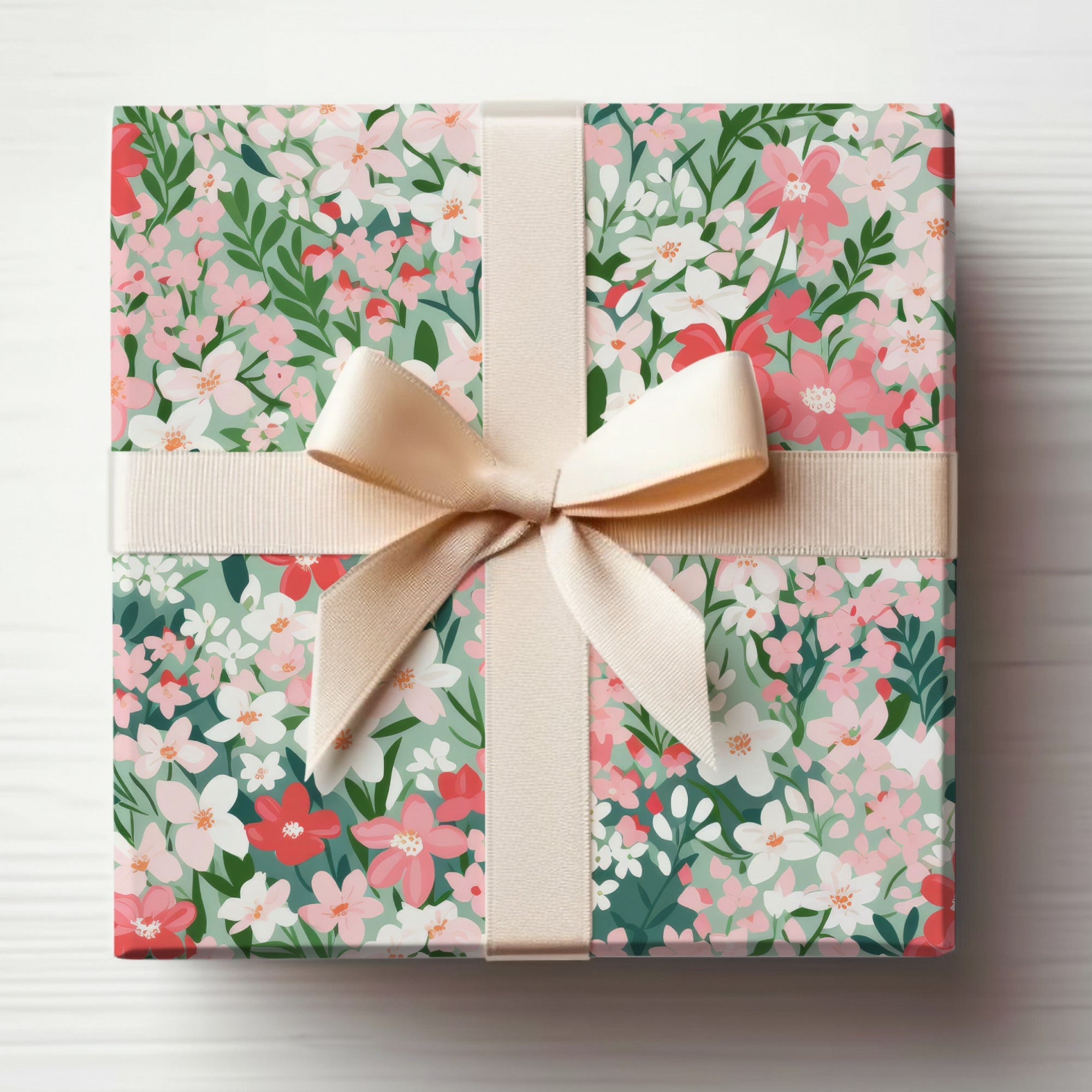 Floral Gift Wrap with Cream Ribbon Beautiful Design