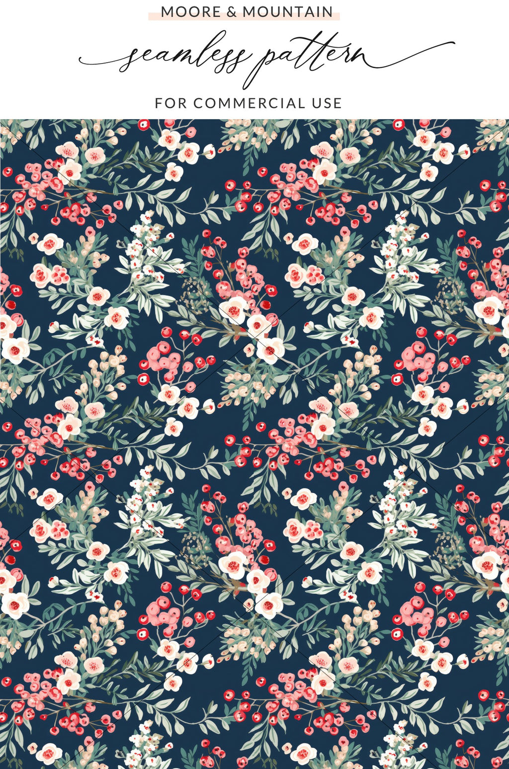 Floral Seamless Pattern Navy and Red Print Design