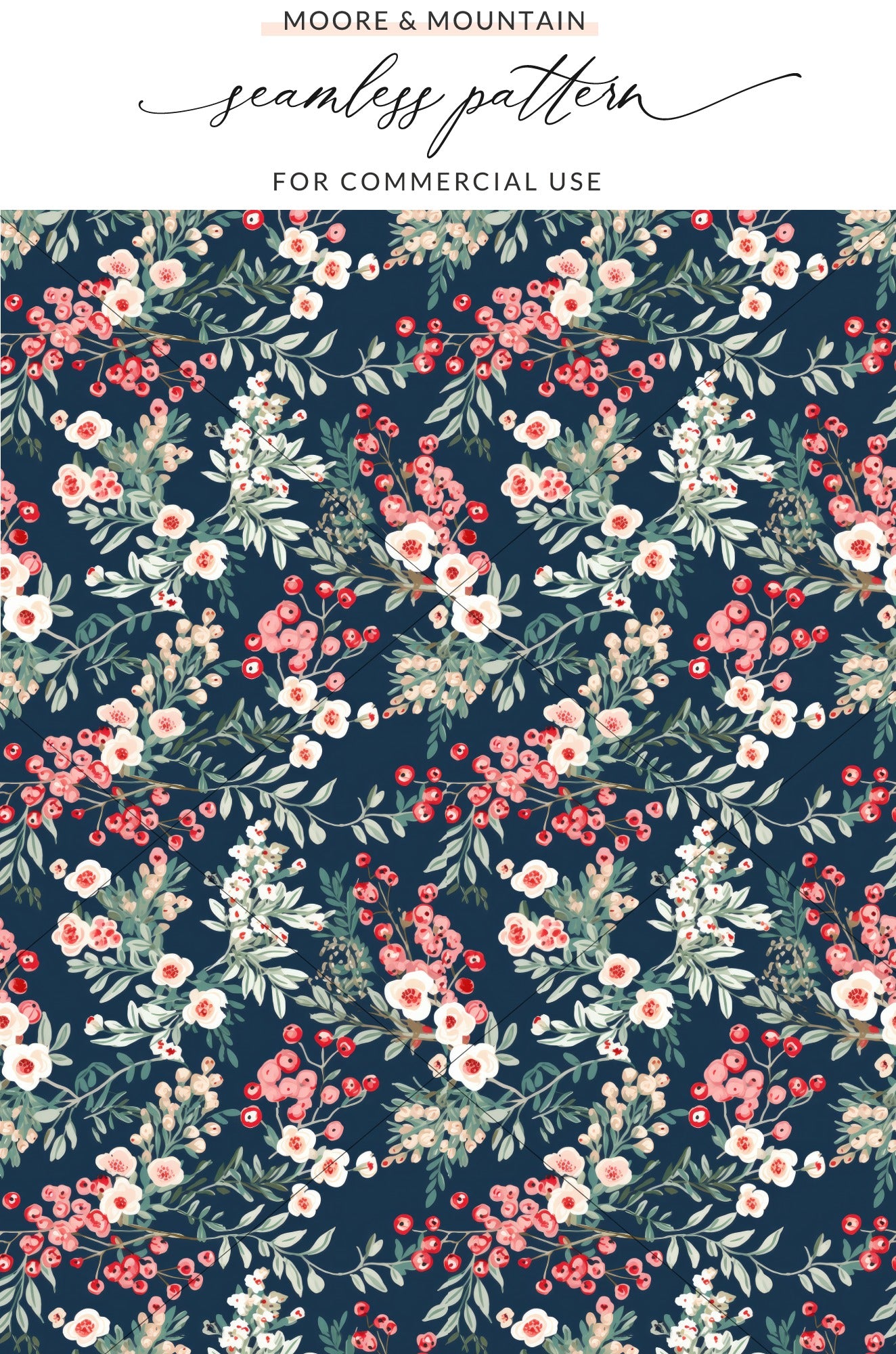 Floral Seamless Pattern Navy and Red Print Design