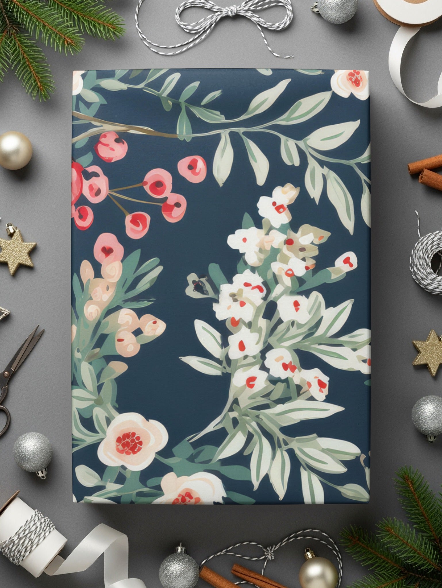 Festive Floral Gift Wrapping Paper for Holiday Celebrations