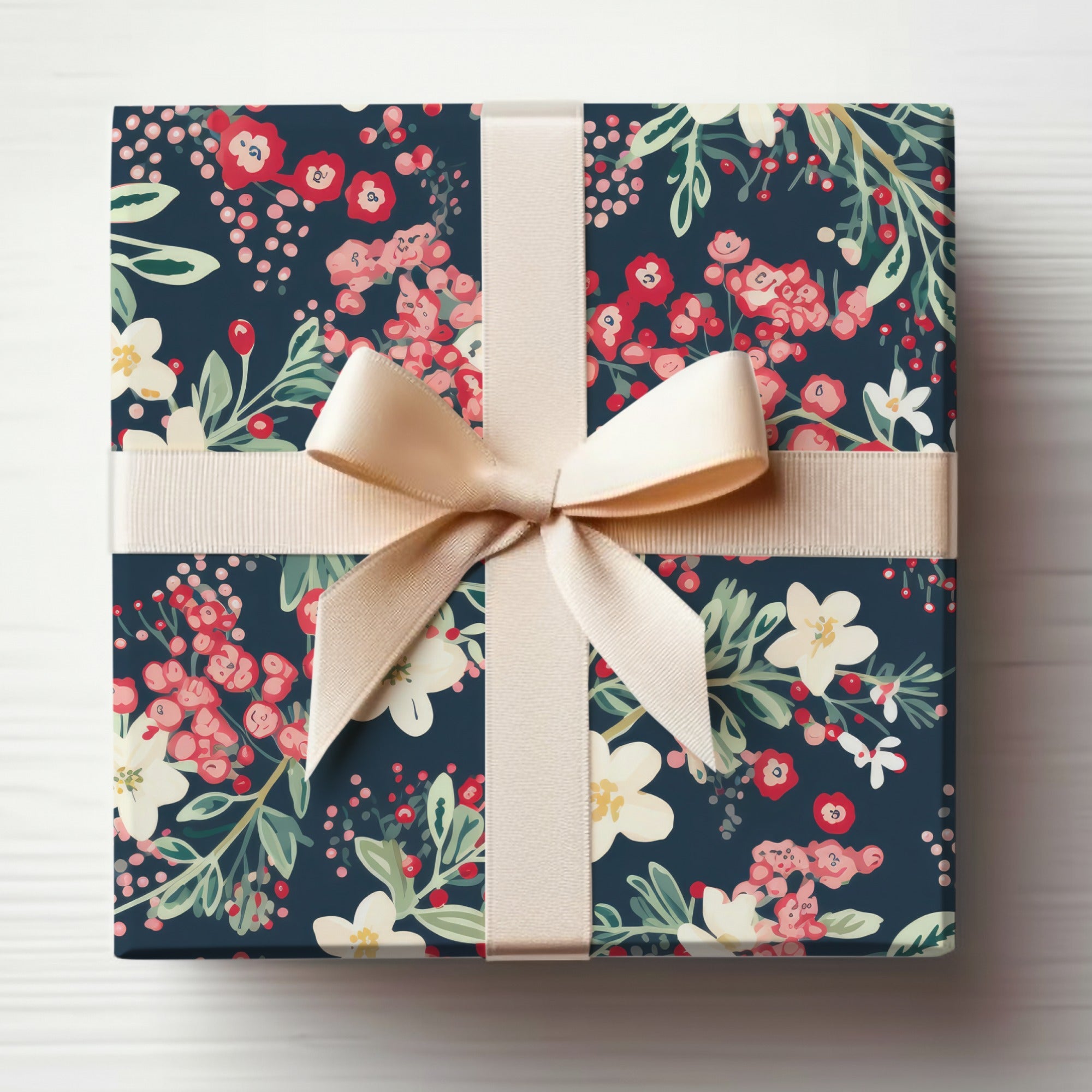 Elegant Floral Gift Wrap with Soft Cream Bow