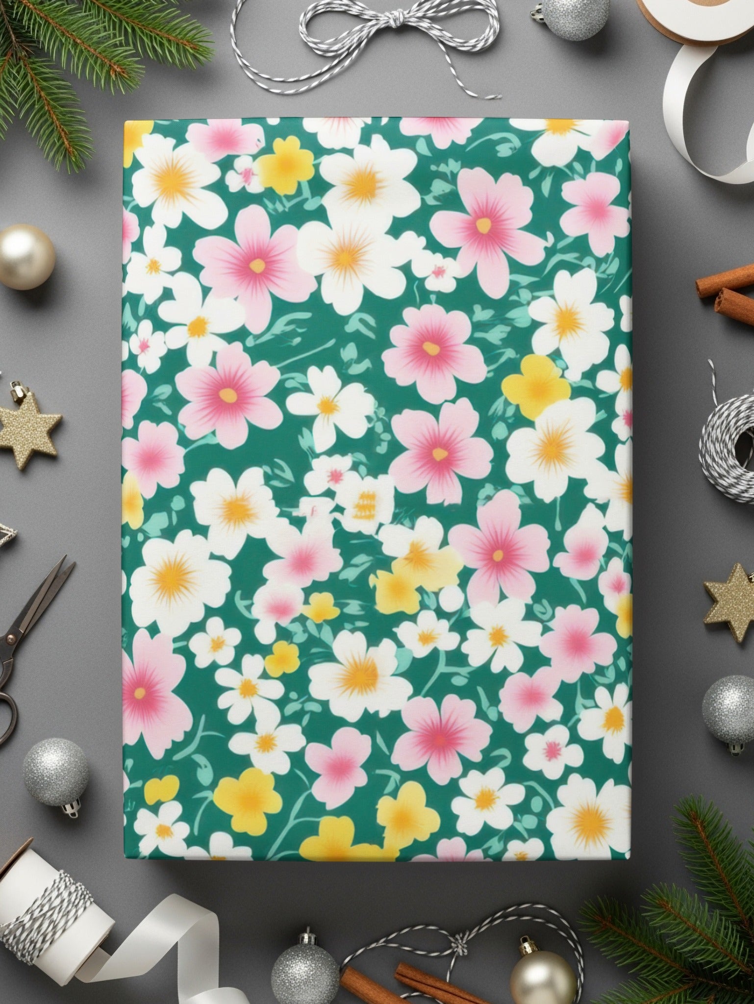 Floral Gift Wrap with Pink and Yellow Flowers Design