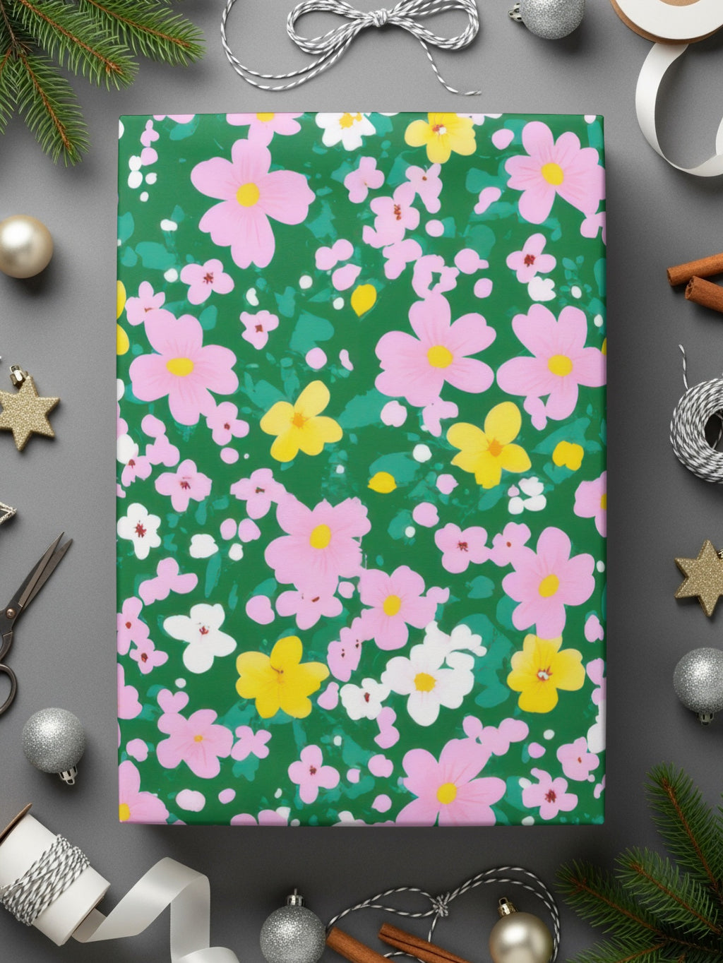Festive Green Wrapping Paper with Pink and Yellow Flowers