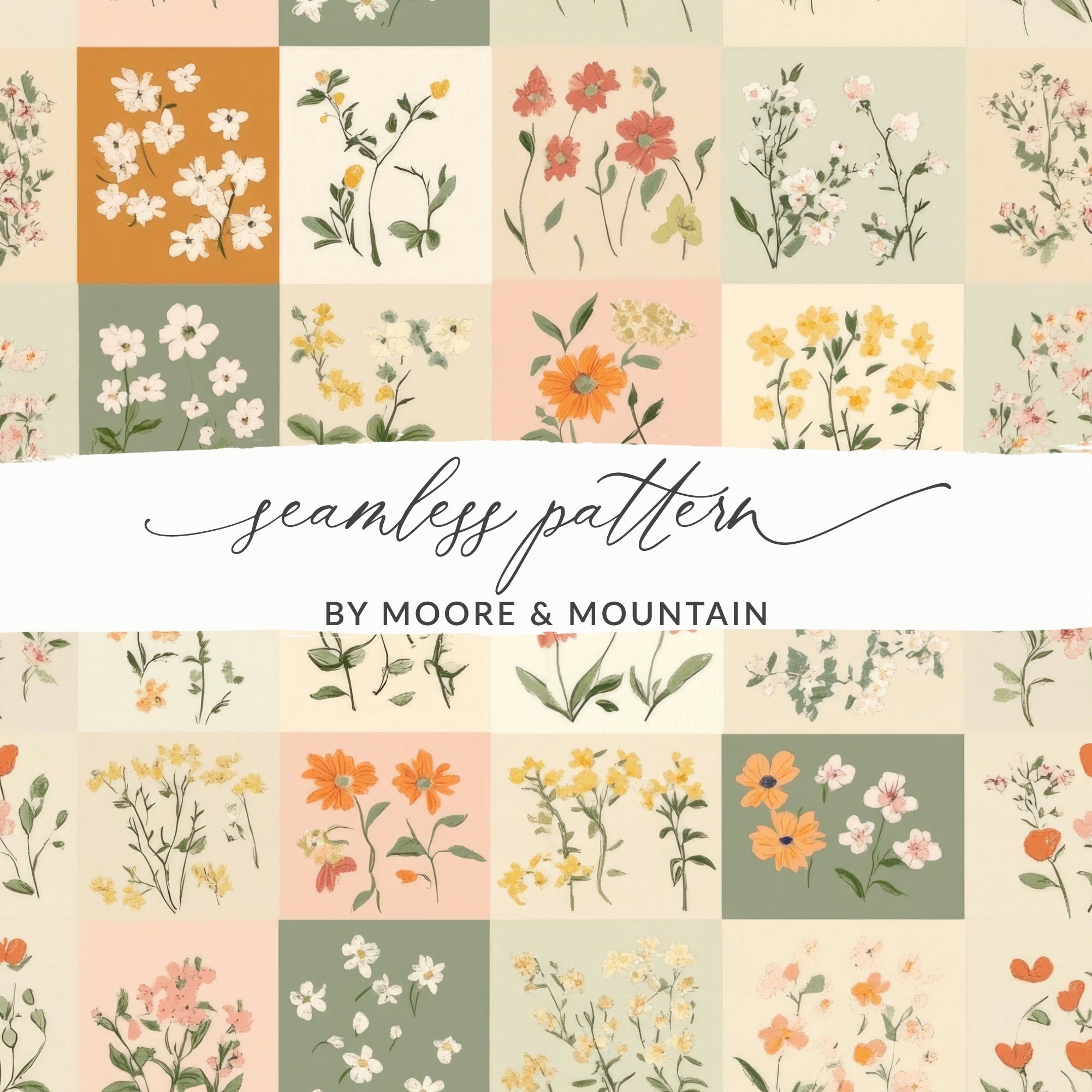 Ditsy Floral Digital Paper, Seamless Patchwork Flower Pattern, Botanical Print, Scrapbook Paper, Fabric Design, 12x12 JPEG, Digital Download - Moore and Mountain
