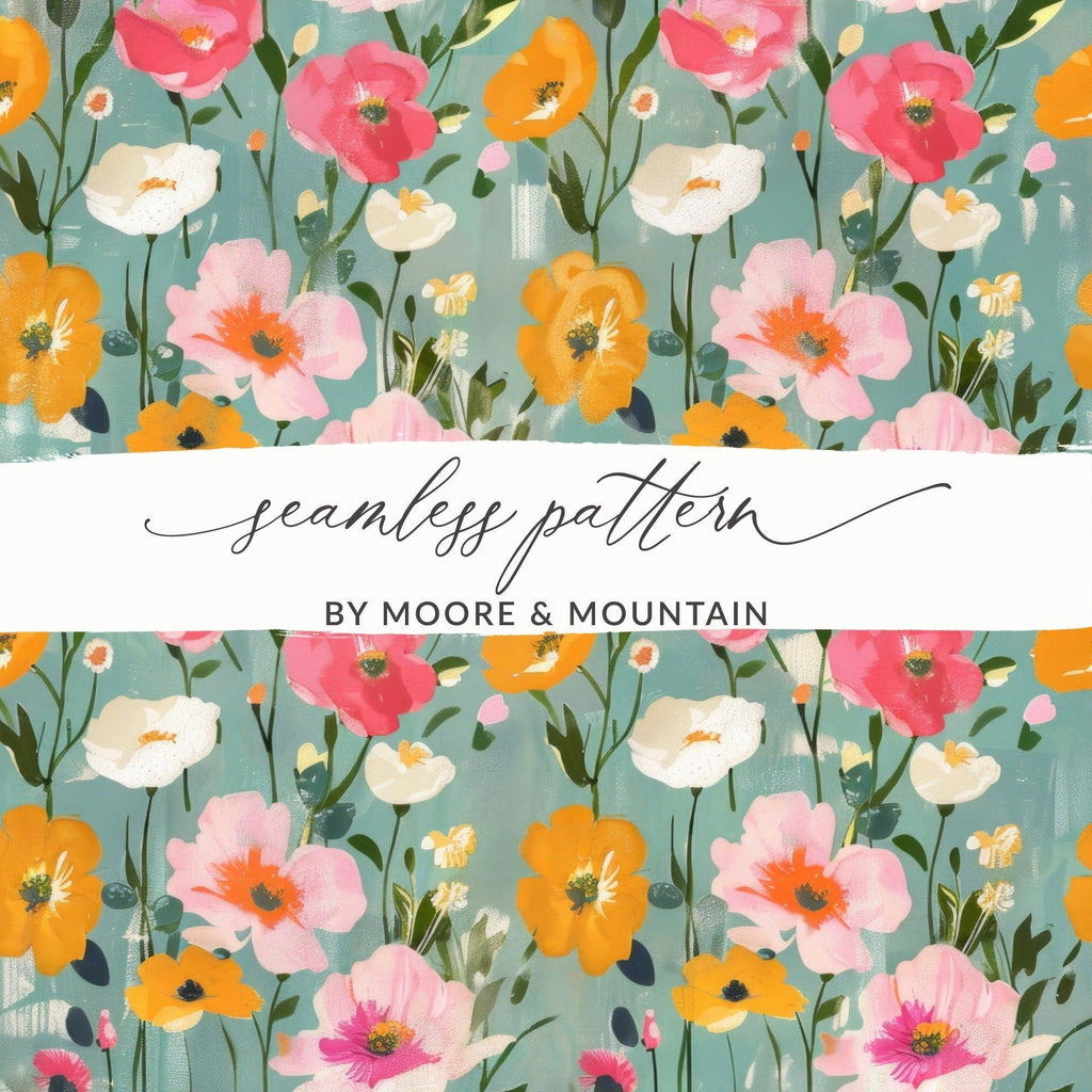 Ditsy Floral Digital Paper, Seamless Pattern, Pink and Gold Poppy Flower Design, Printable Fabric Design, Scrapbooking Paper Digital Download - Moore and Mountain