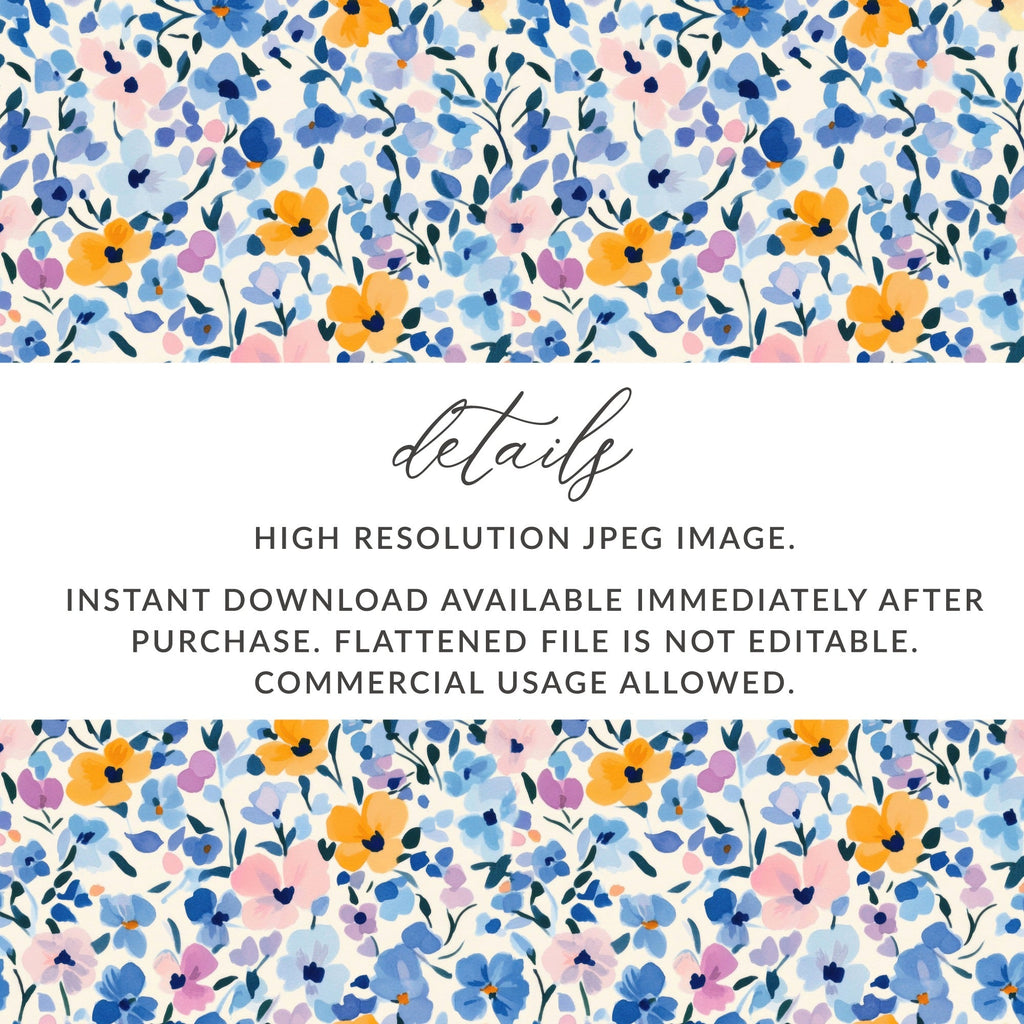 Ditsy Floral Pattern Digital Paper, Watercolor Flower Seamless Design, Blue and Gold Flower Pattern, Printable Fabric, Digital Scrapbook Paper - Moore and Mountain