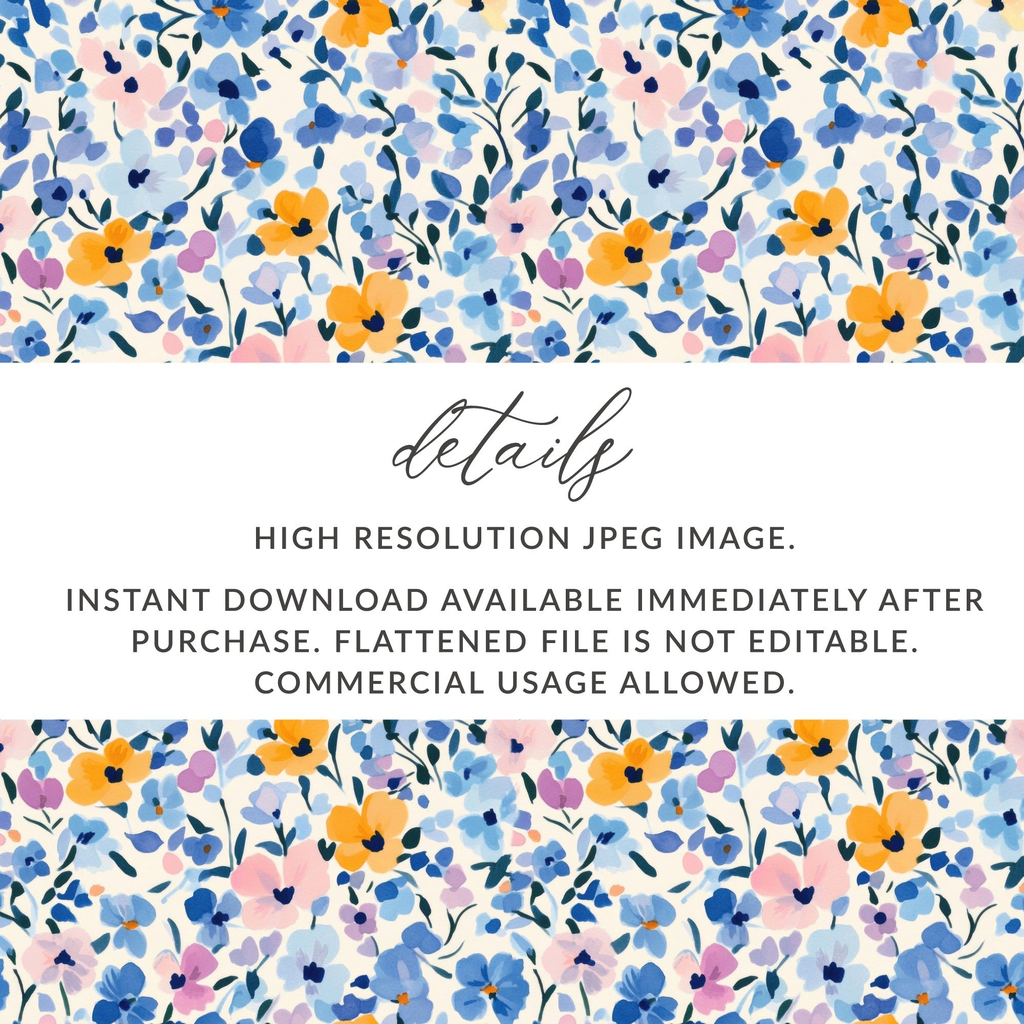 Ditsy Floral Pattern Digital Paper, Watercolor Flower Seamless Design, Blue and Gold Flower Pattern, Printable Fabric, Digital Scrapbook Paper - Moore and Mountain