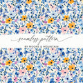 Ditsy Floral Pattern Digital Paper, Watercolor Flower Seamless Design, Blue and Gold Flower Pattern, Printable Fabric, Digital Scrapbook Paper - Moore and Mountain