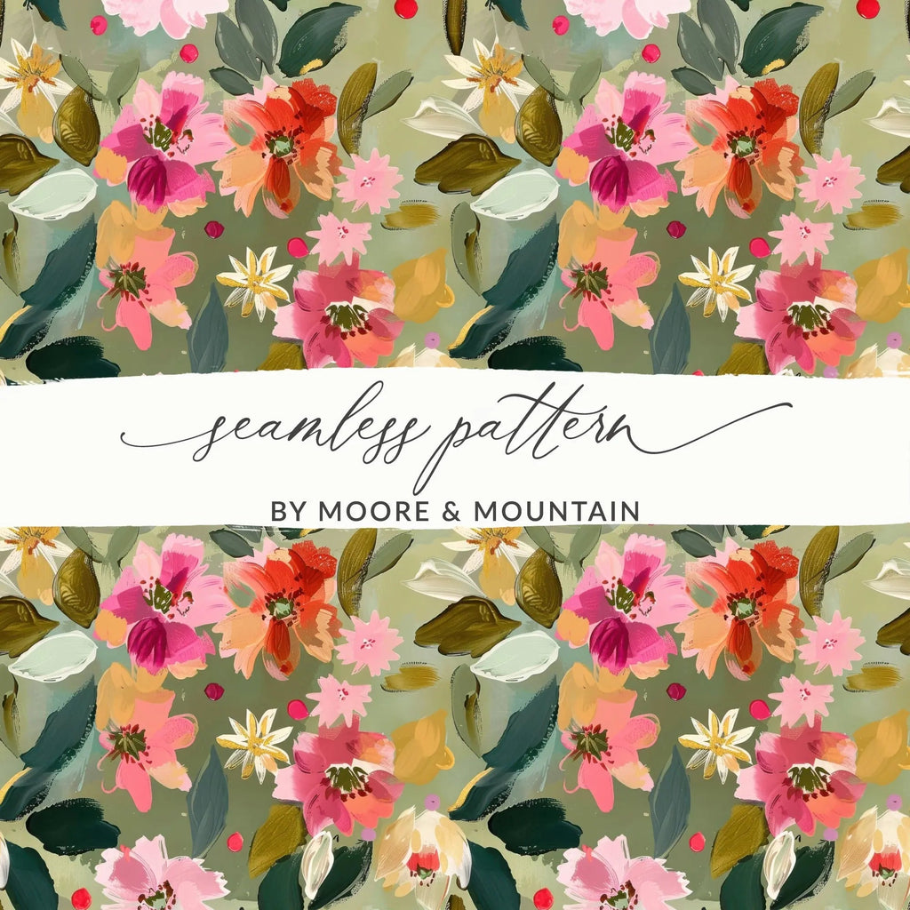 Ditsy Floral Seamless Pattern, Digital Download, Pink Red Flowers, Repeat Pattern, Fabric Design, Paper Print, Sage Green Floral - Moore and Mountain