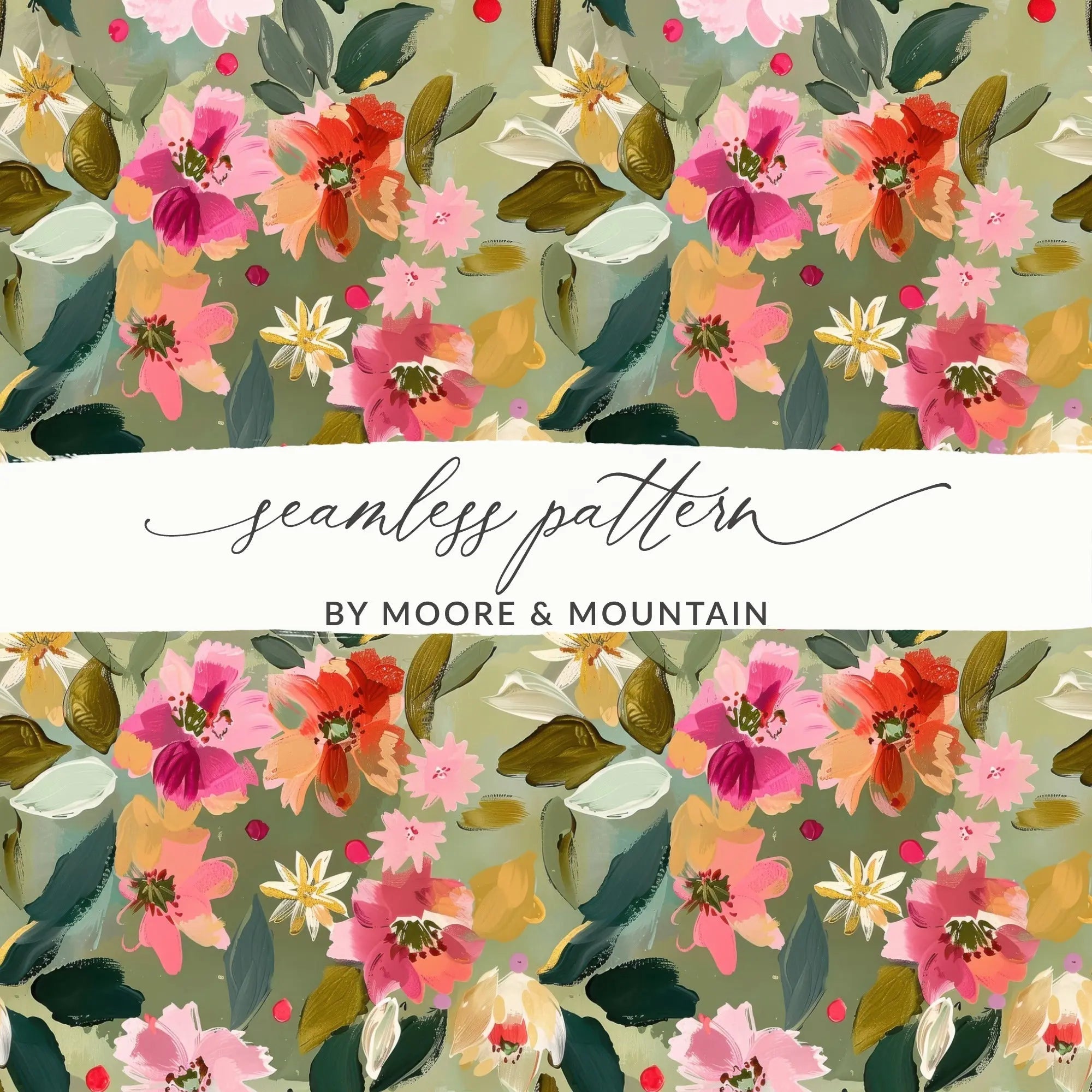 Ditsy Floral Seamless Pattern, Digital Download, Pink Red Flowers, Repeat Pattern, Fabric Design, Paper Print, Sage Green Floral - Moore and Mountain