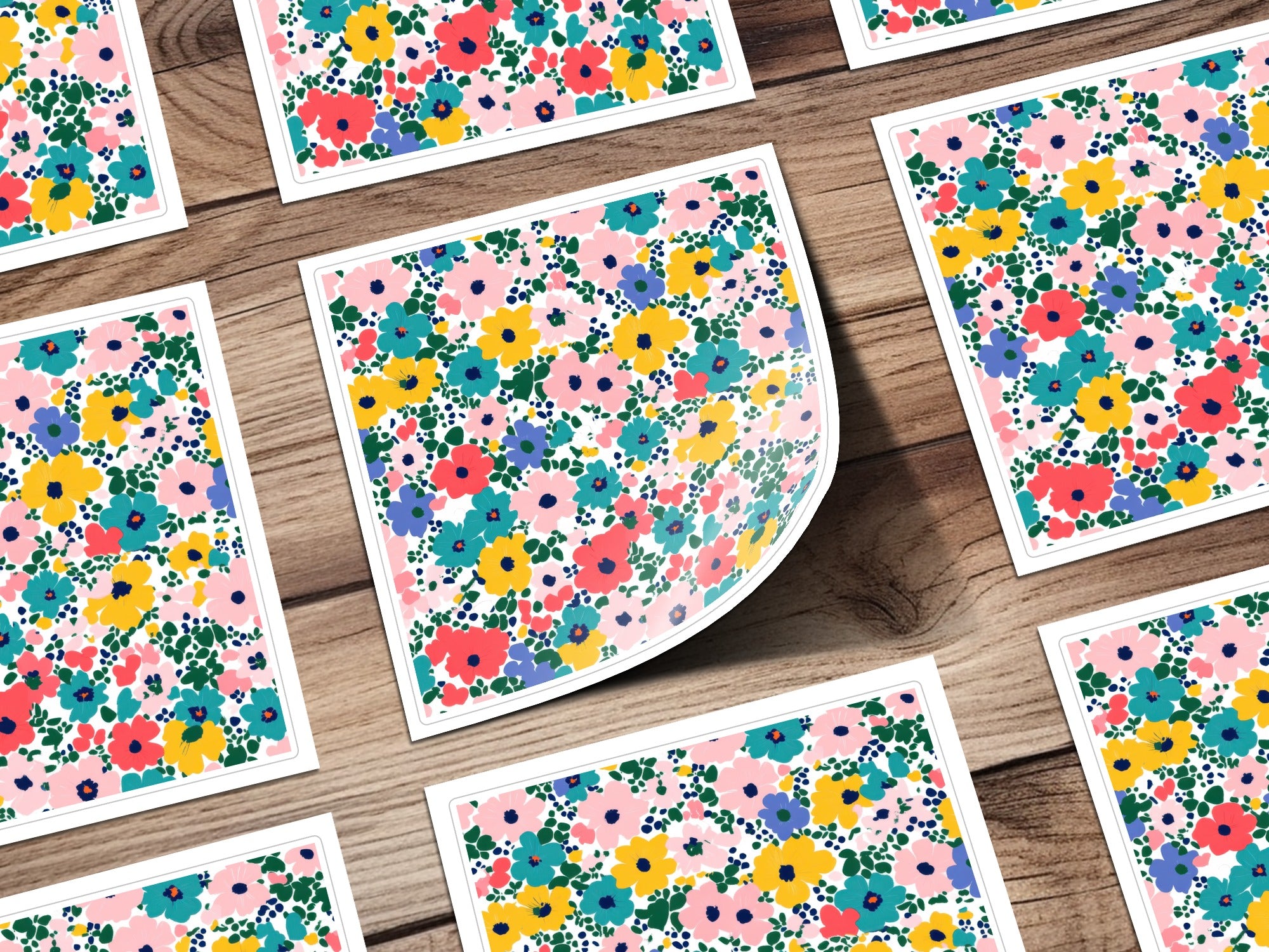 Colorful Floral Pattern Design on Wooden Background Decal