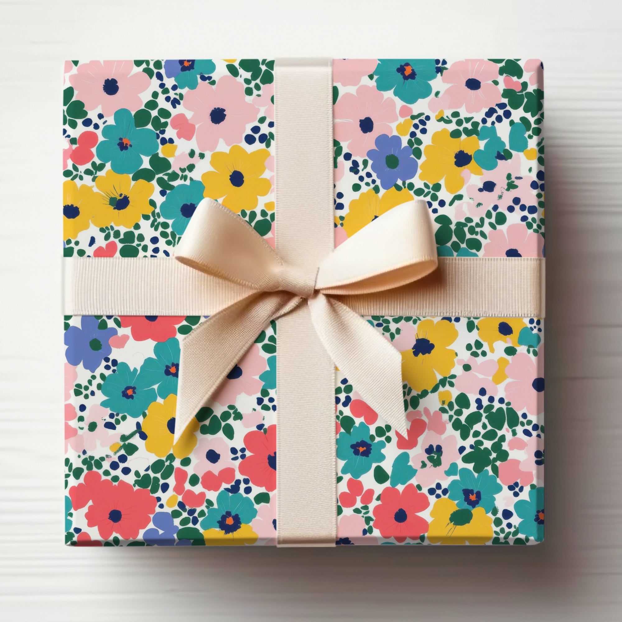 Bright Floral Patterned Gift Wrap with Bow Design