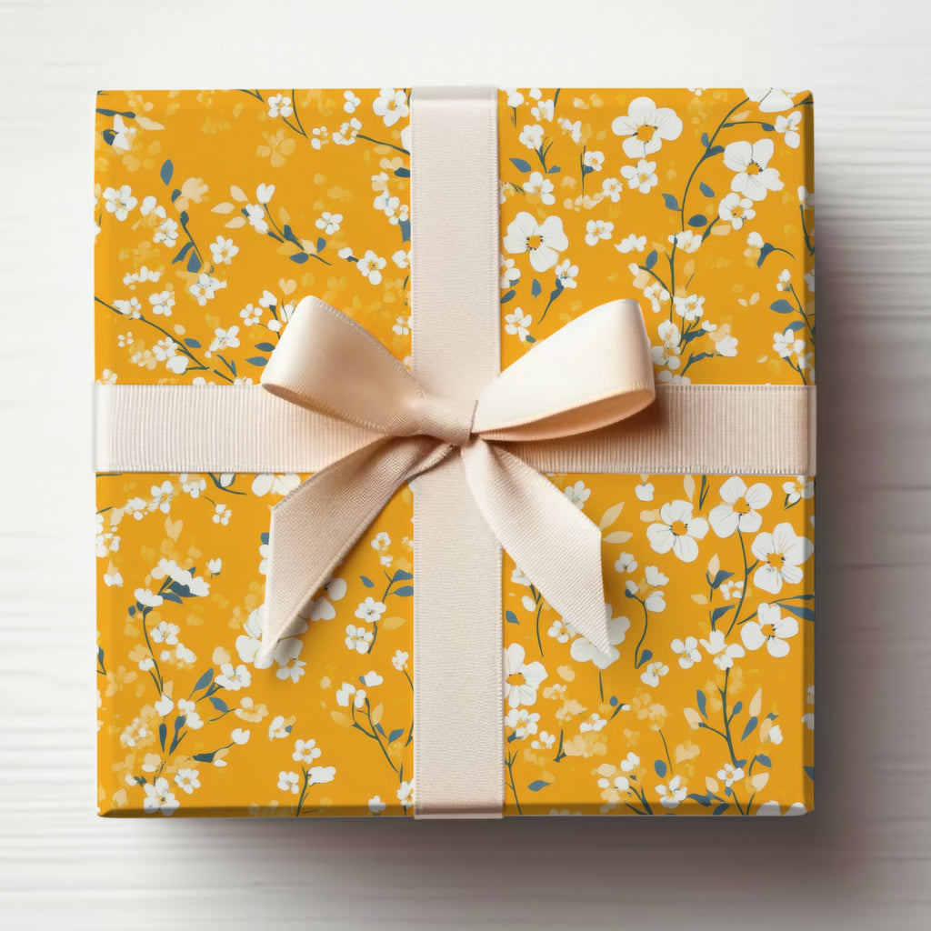 Yellow Floral Gift Wrap with White Ribbon Design