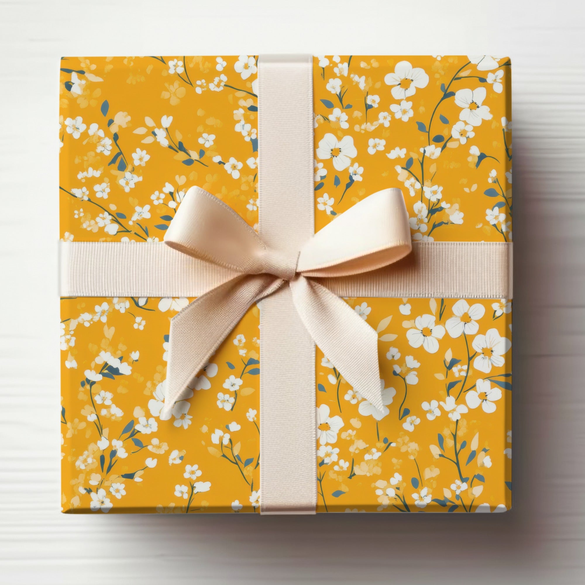 Yellow Floral Gift Wrap with White Ribbon Design
