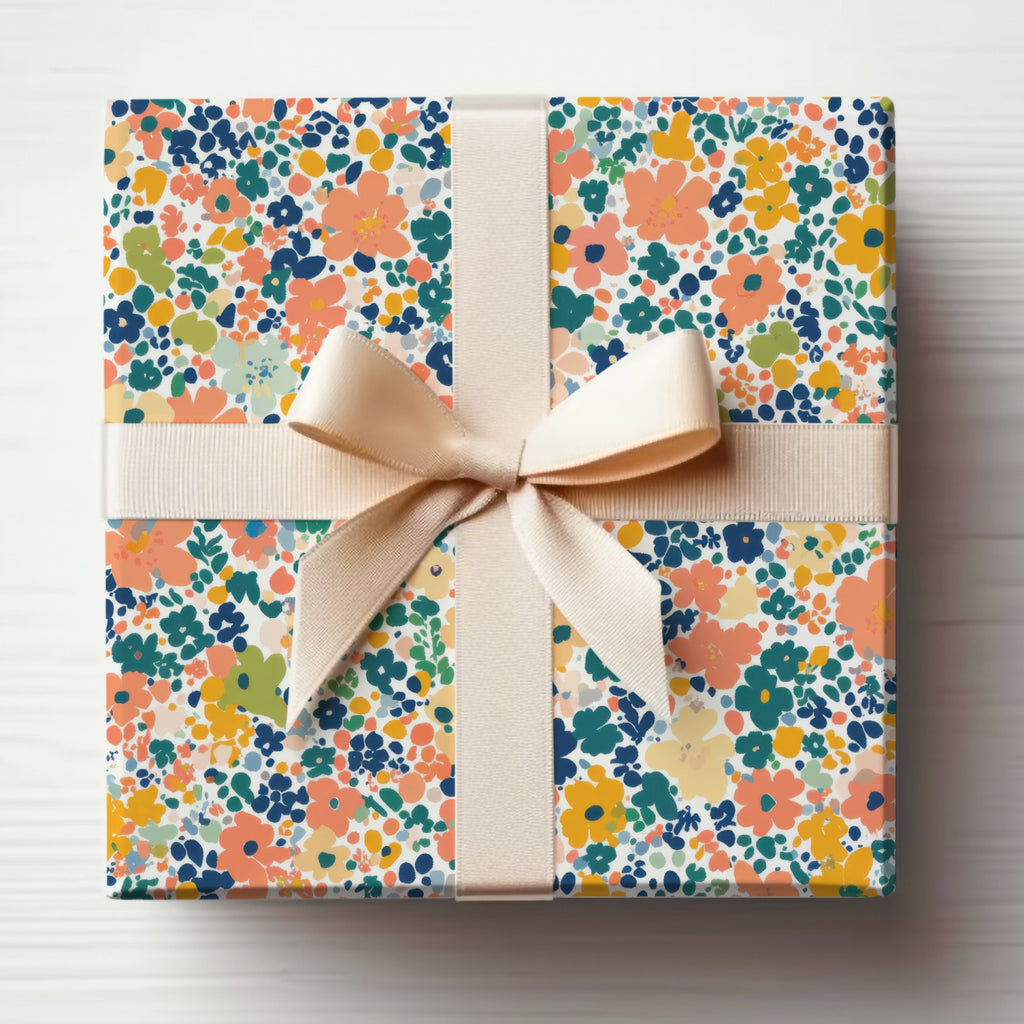 Elegant Floral Gift Wrap with Beige Ribbon
