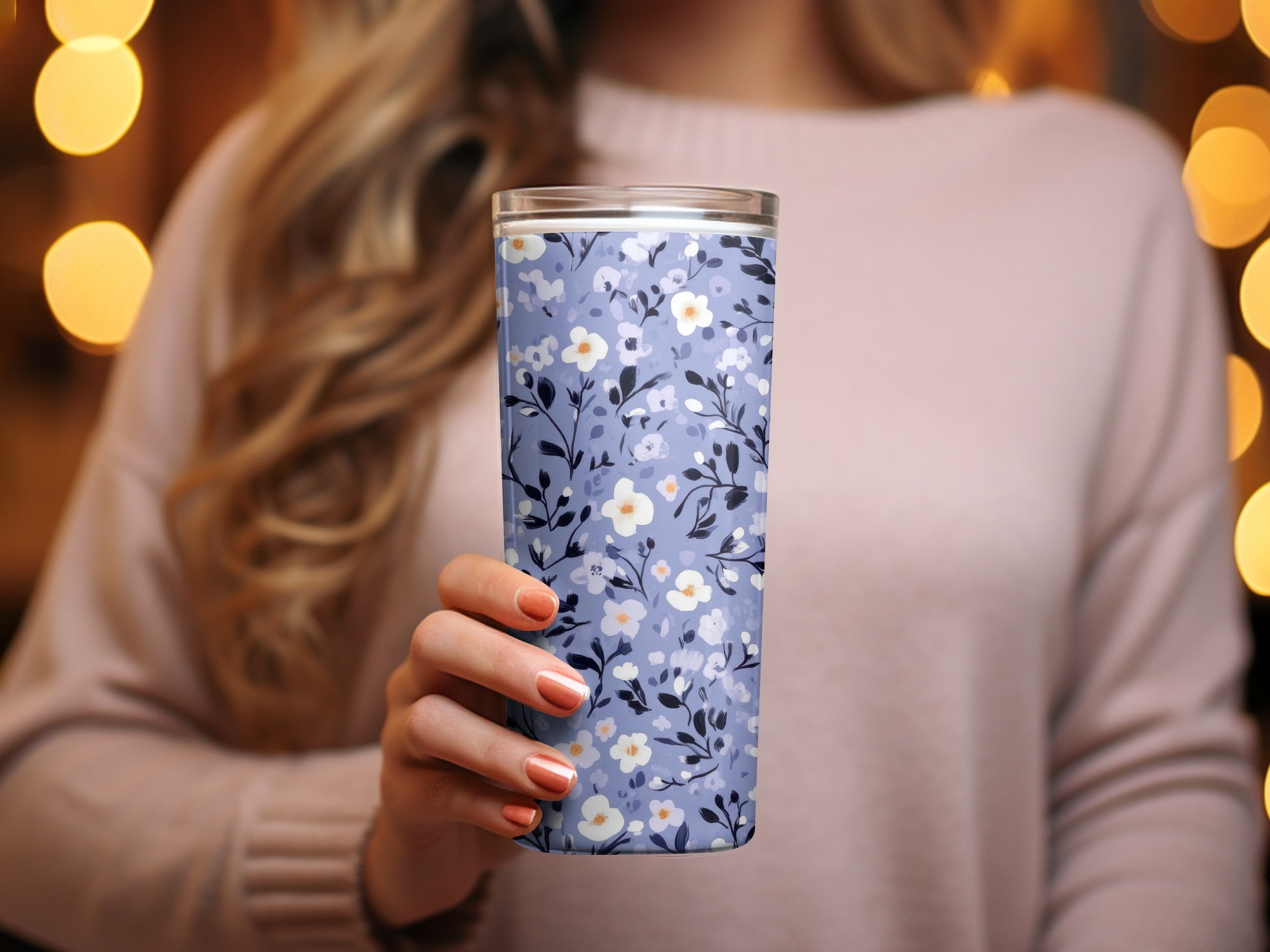 Floral Patterned Blue and White Insulated Tumbler Cup