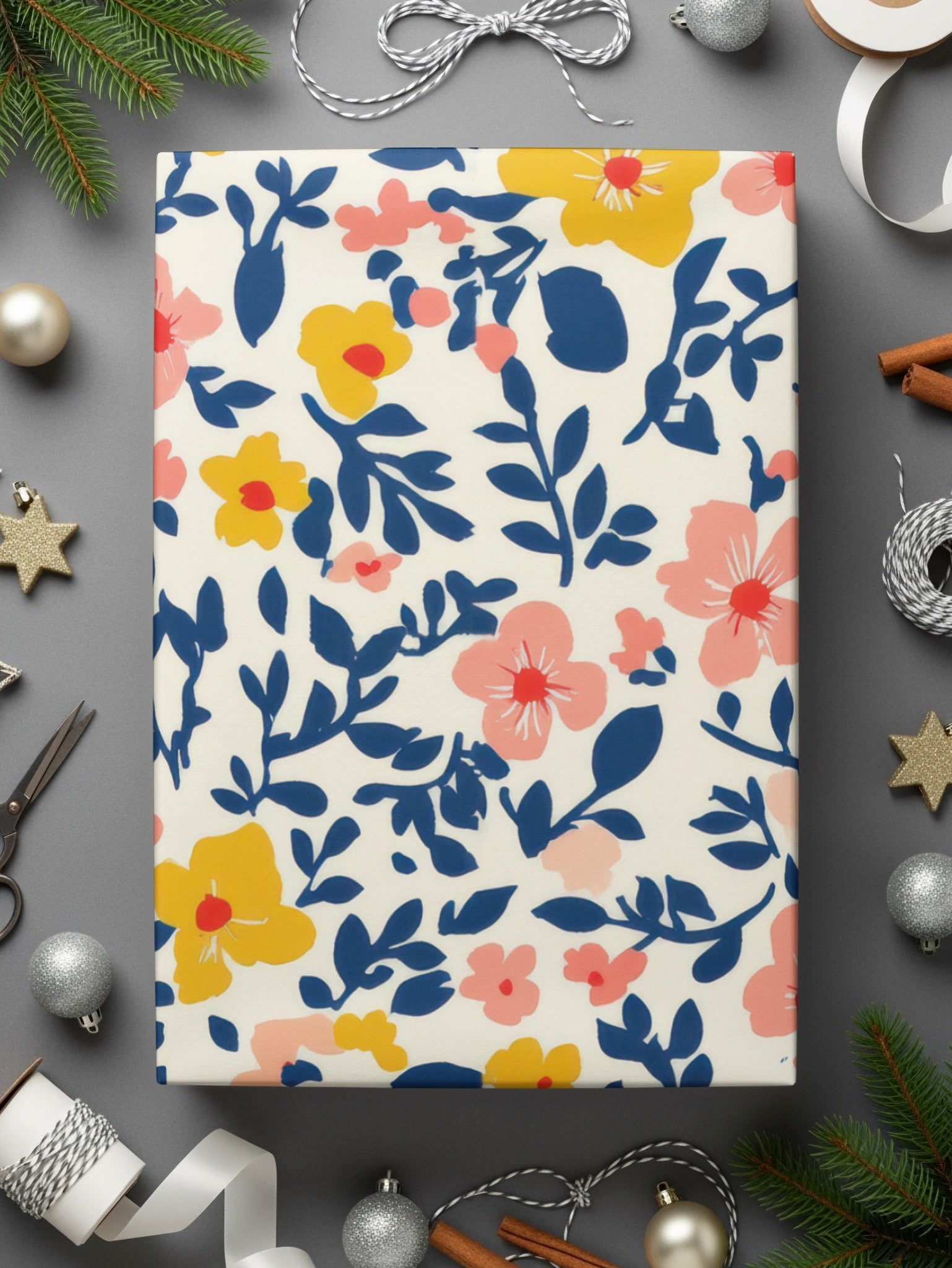 Floral Blue and Yellow Festive Wrapping Paper Sheets