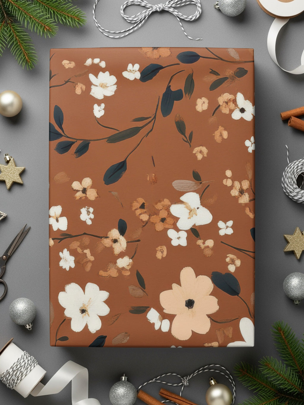 Elegant Brown Floral Design Gift Wrap Paper
