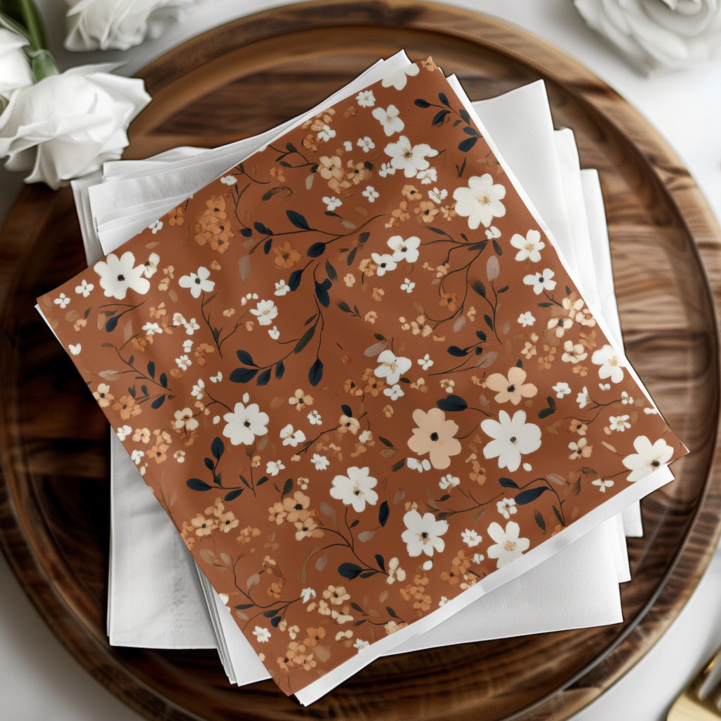 Floral Pattern Brown and White Square Napkins