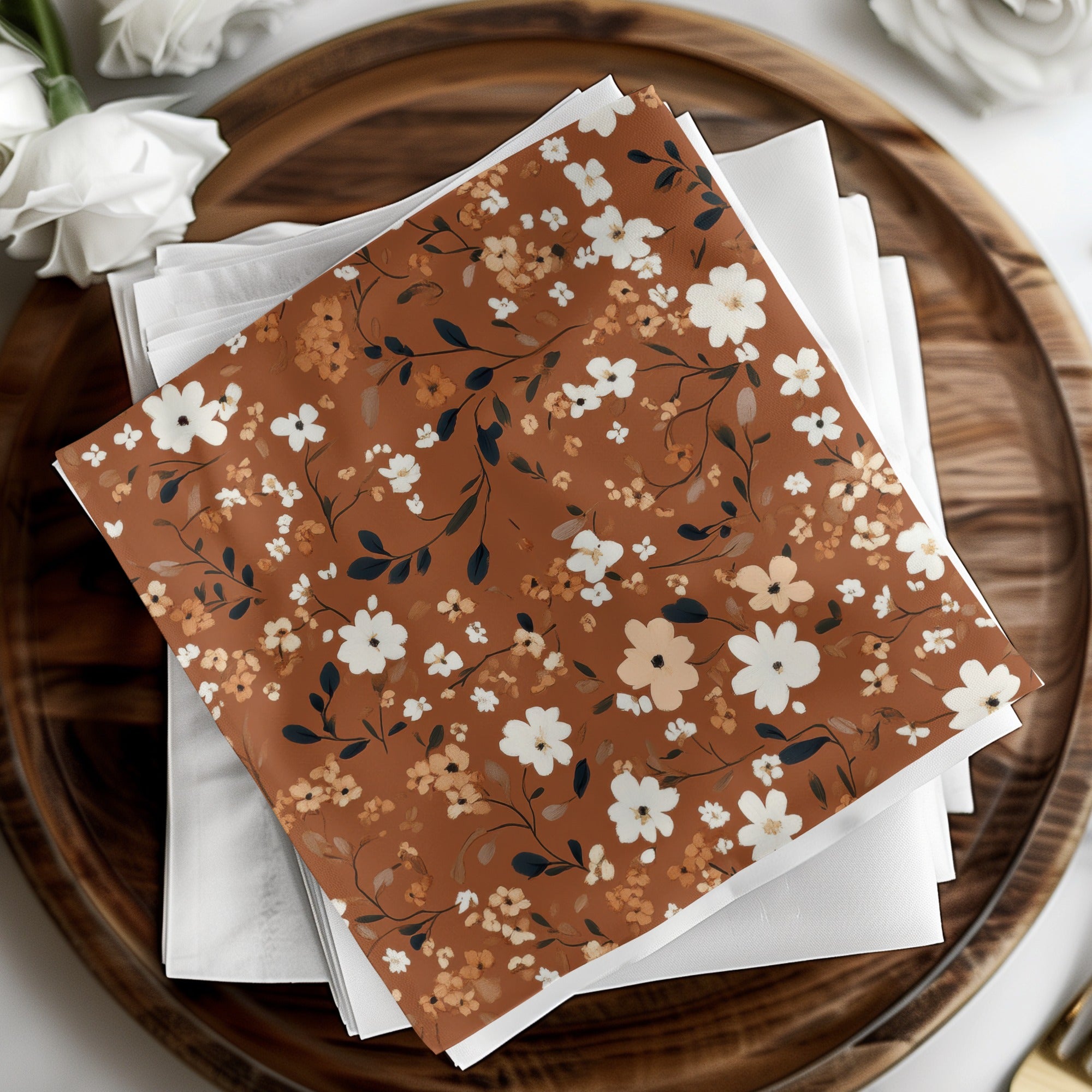 Floral Pattern Brown and White Square Napkins