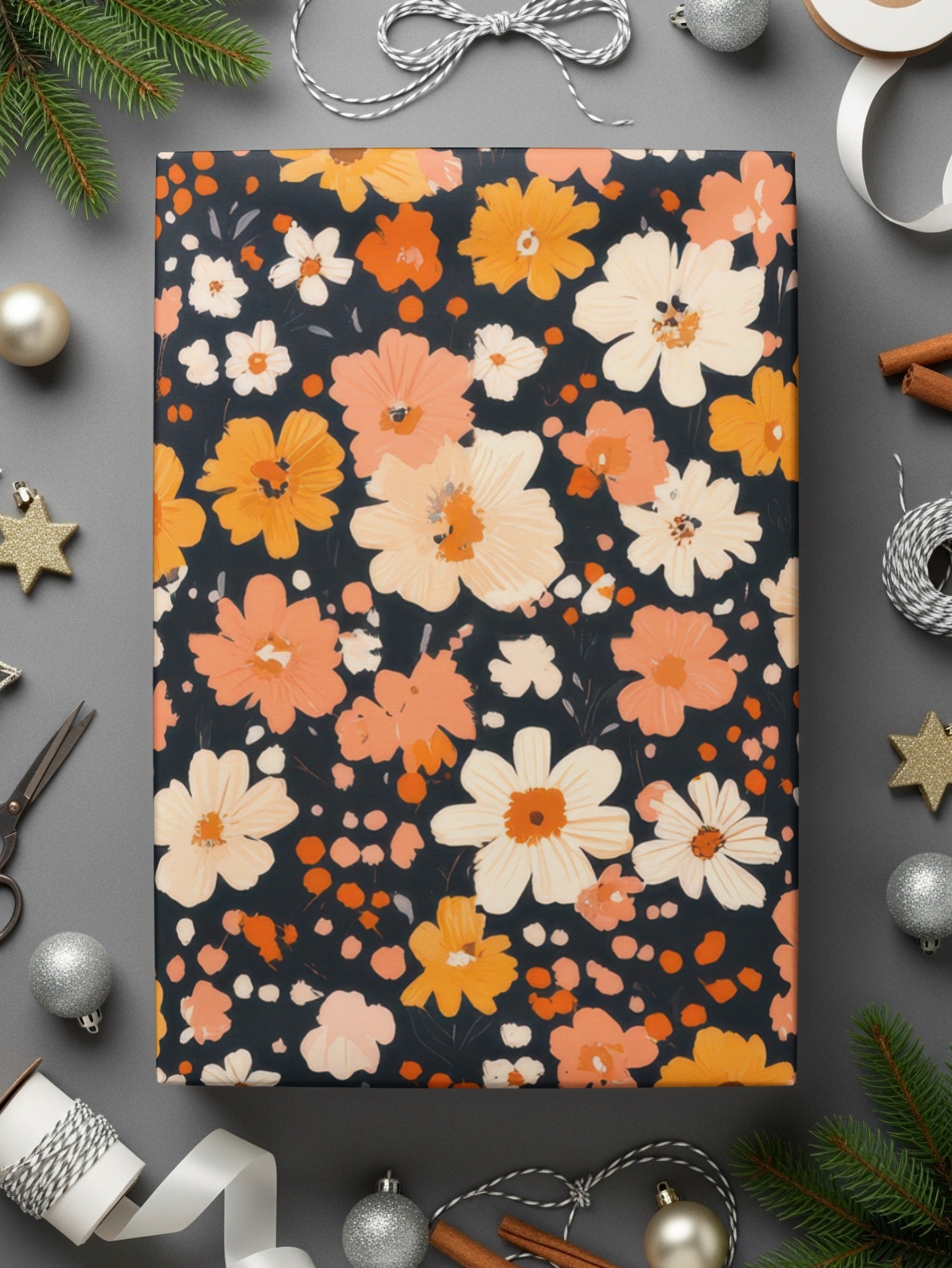 Floral Gift Wrap with Vintage Orange and White Flowers