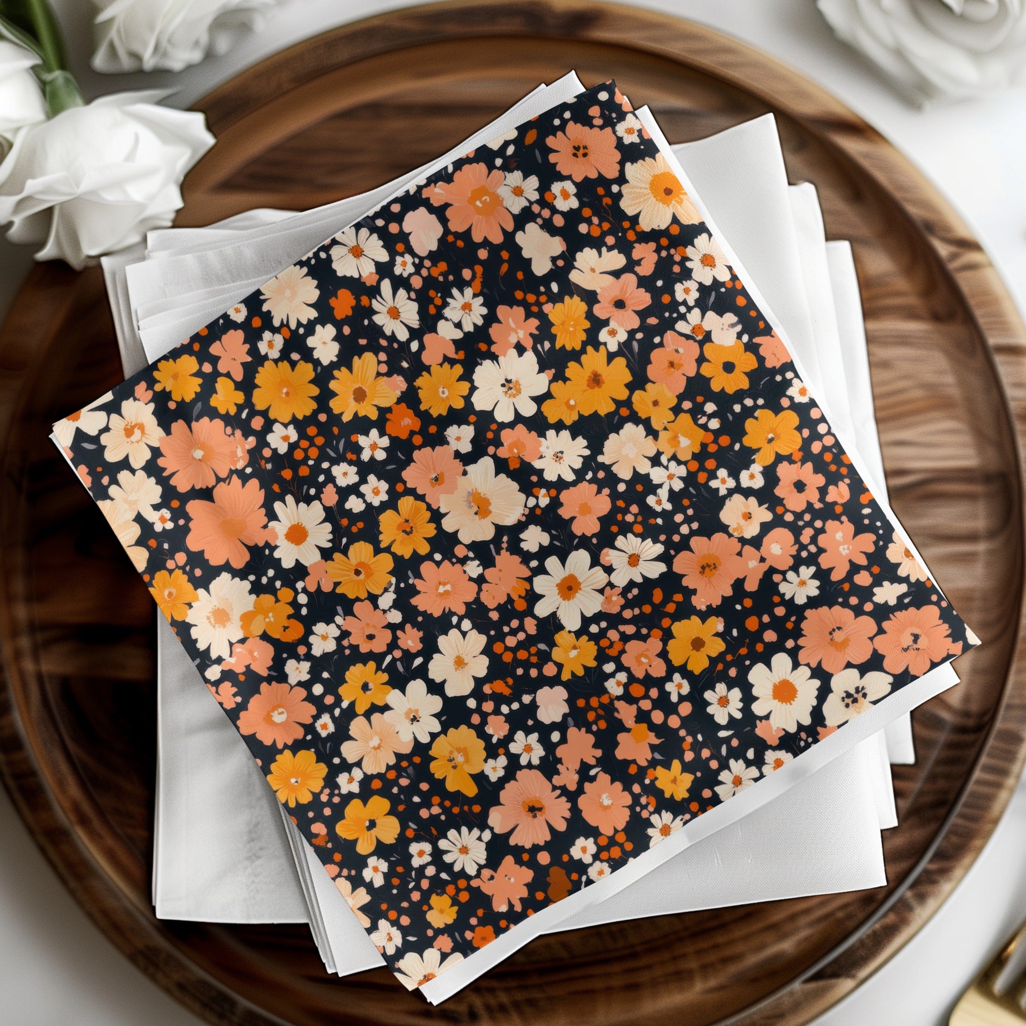 Vibrant Floral Patterned Black and Orange Napkin