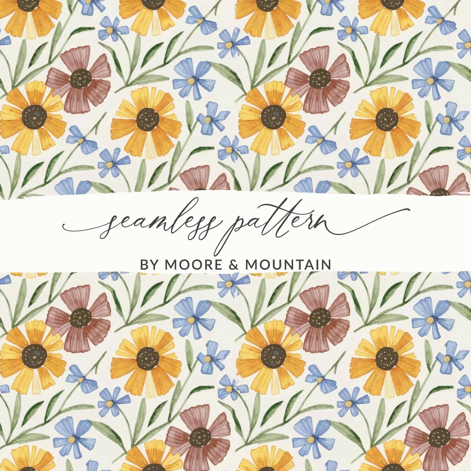 Ditsy Floral Watercolor Seamless Pattern, Sunflower Digital Paper, Flower Pattern Printable, Scrapbook Paper, Floral Fabric Design Digital - Moore and Mountain