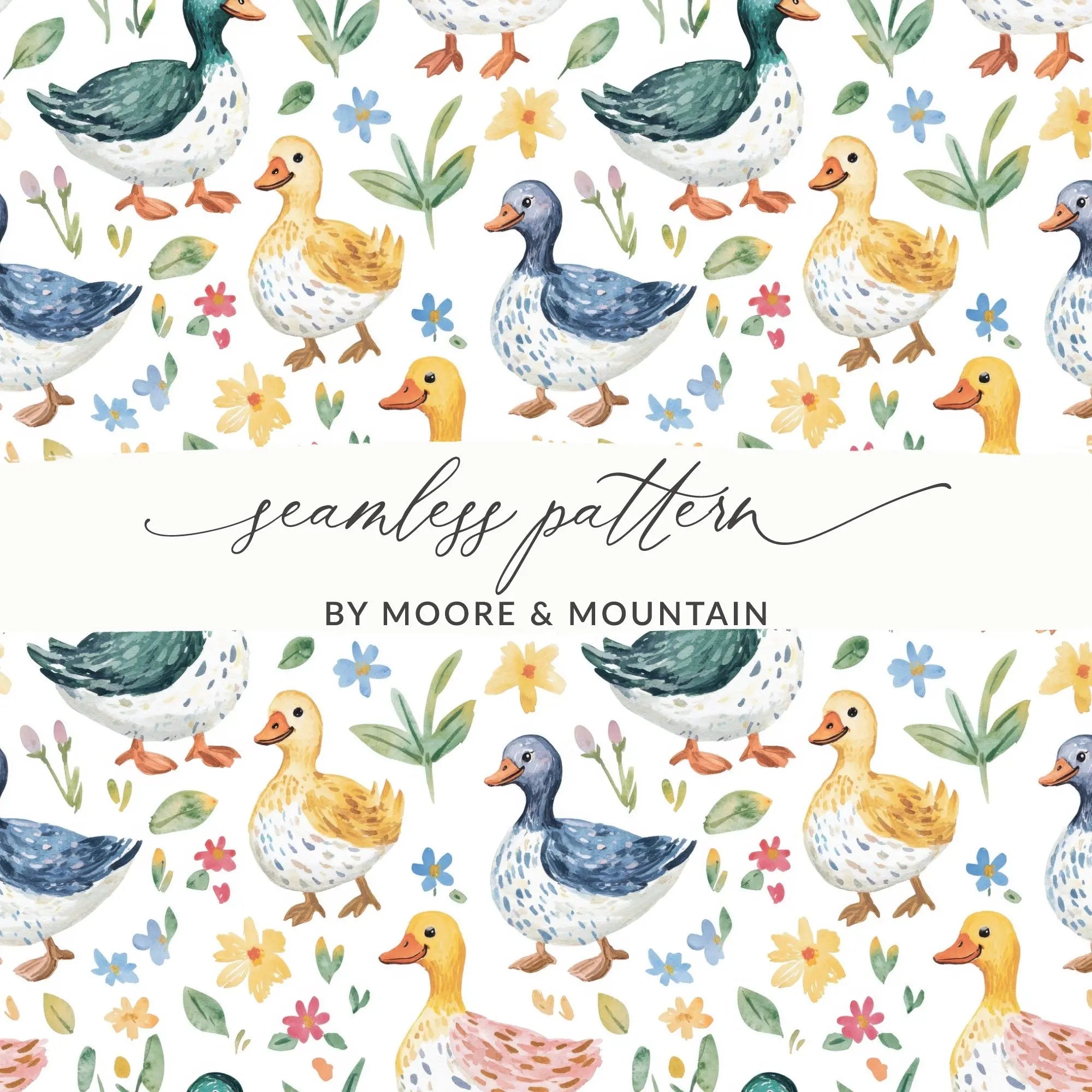 Duck Digital Paper, Watercolor Seamless Pattern, Floral Spring Pattern, Fabric Design, Scrapbooking Paper, Animal Print, Digital Download - Moore and Mountain
