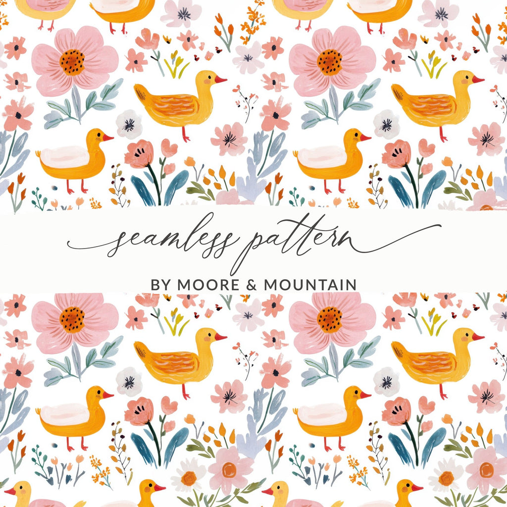 Duck Floral Seamless Pattern, Digital Download, Cute Ducklings, Flower Background, Kids Design, Fabric Design, Digital Paper - Moore and Mountain