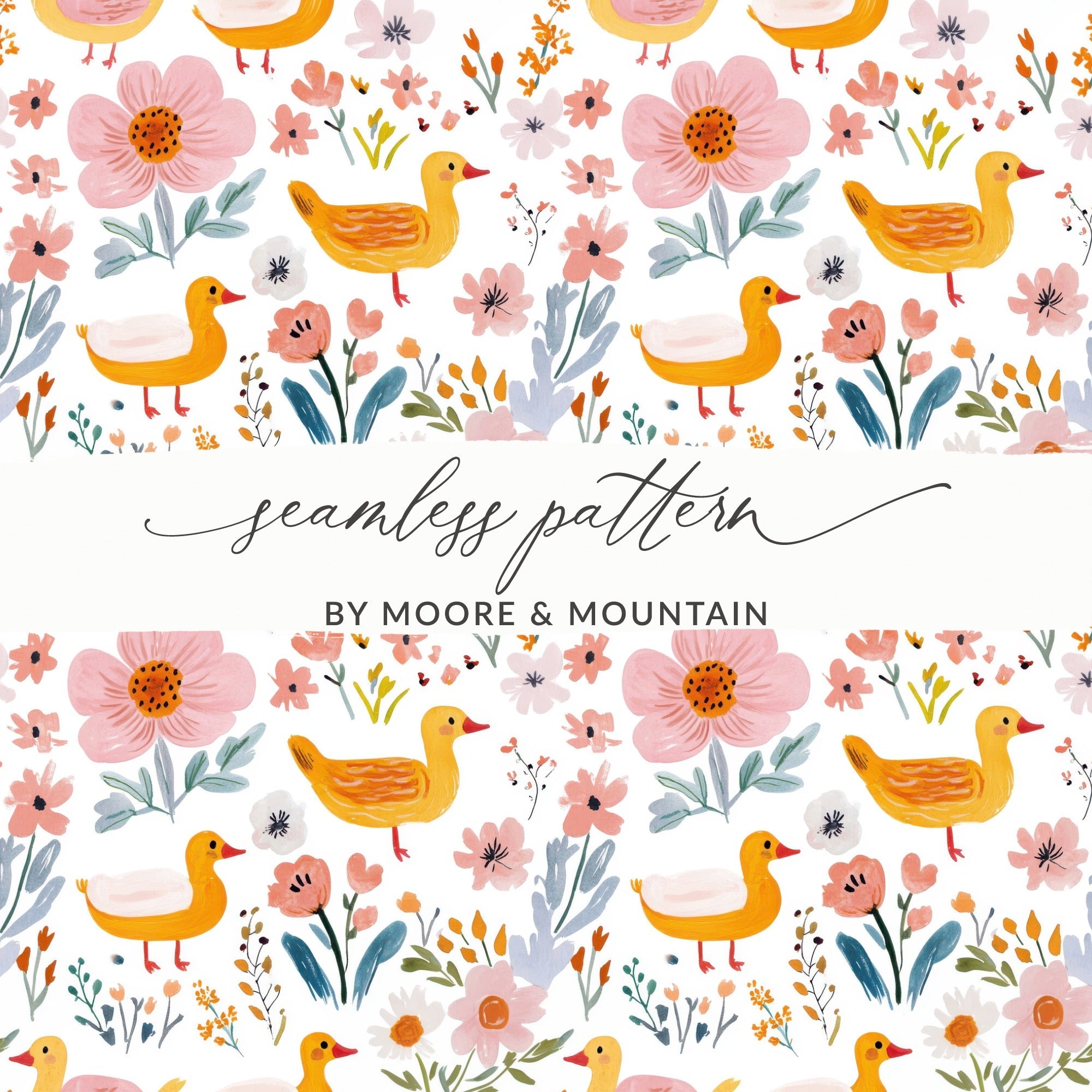 Duck Floral Seamless Pattern, Digital Download, Cute Ducklings, Flower Background, Kids Design, Fabric Design, Digital Paper - Moore and Mountain