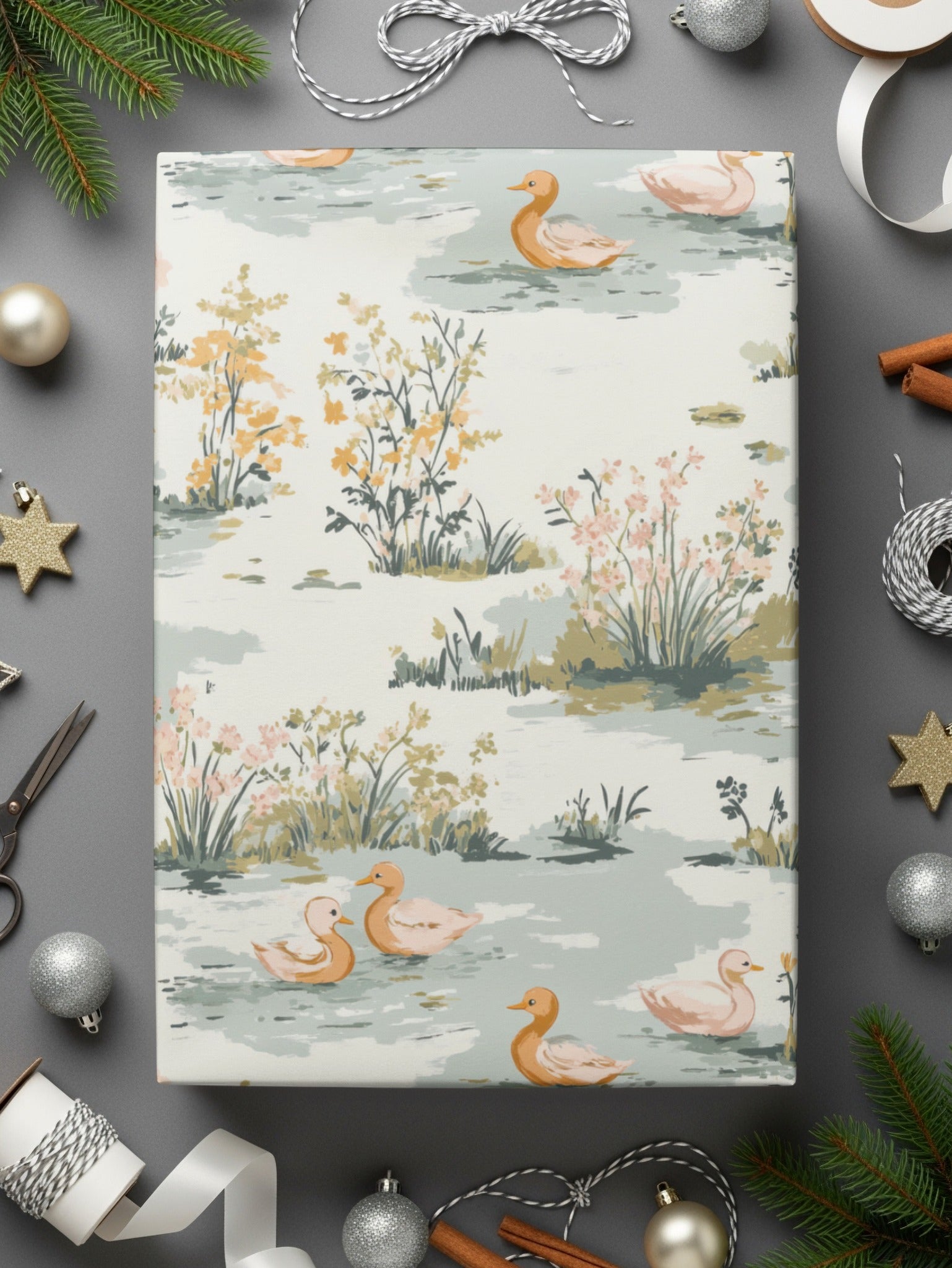 Duck Pond Digital Paper, Floral Seamless Pattern, Pastel Green Background, Wildlife Print, Farmhouse Style, Digital Download for Crafts - Moore and Mountain