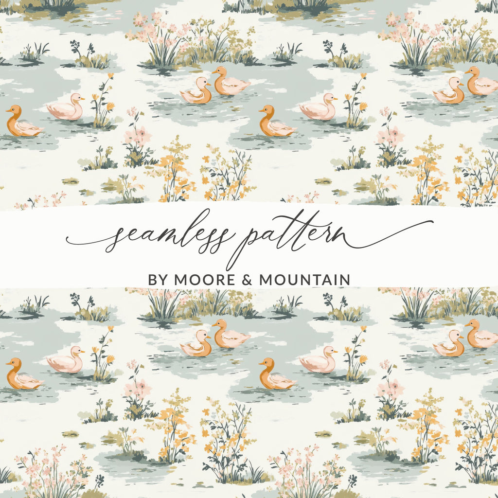 Duck Pond Digital Paper, Floral Seamless Pattern, Pastel Green Background, Wildlife Print, Farmhouse Style, Digital Download for Crafts - Moore and Mountain