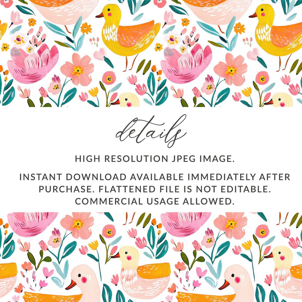 Duck Seamless Pattern, Floral Digital Paper, Watercolor Animal Print, Nursery Fabric Design, Cute Duckling Pattern, Repeating Tileable JPEG - Moore and Mountain