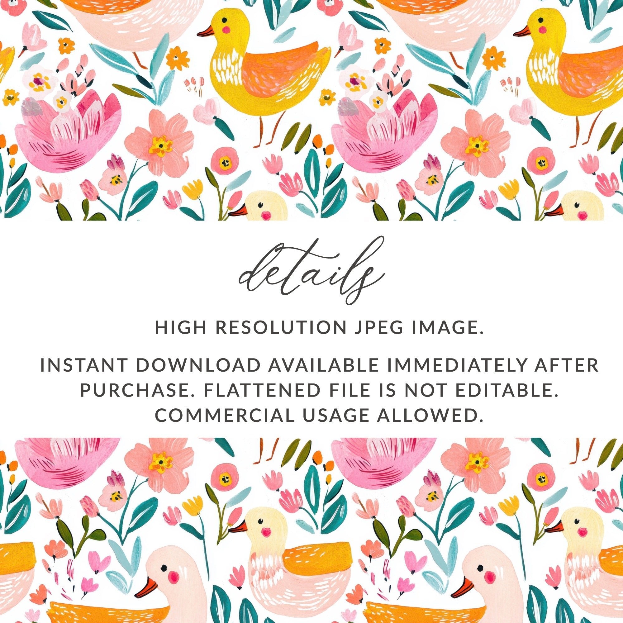 Duck Seamless Pattern, Floral Digital Paper, Watercolor Animal Print, Nursery Fabric Design, Cute Duckling Pattern, Repeating Tileable JPEG - Moore and Mountain