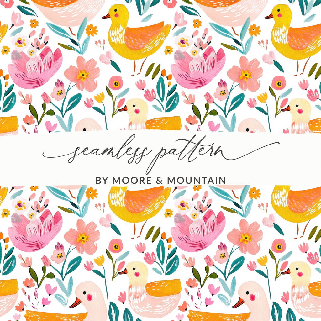 Duck Seamless Pattern, Floral Digital Paper, Watercolor Animal Print, Nursery Fabric Design, Cute Duckling Pattern, Repeating Tileable JPEG - Moore and Mountain