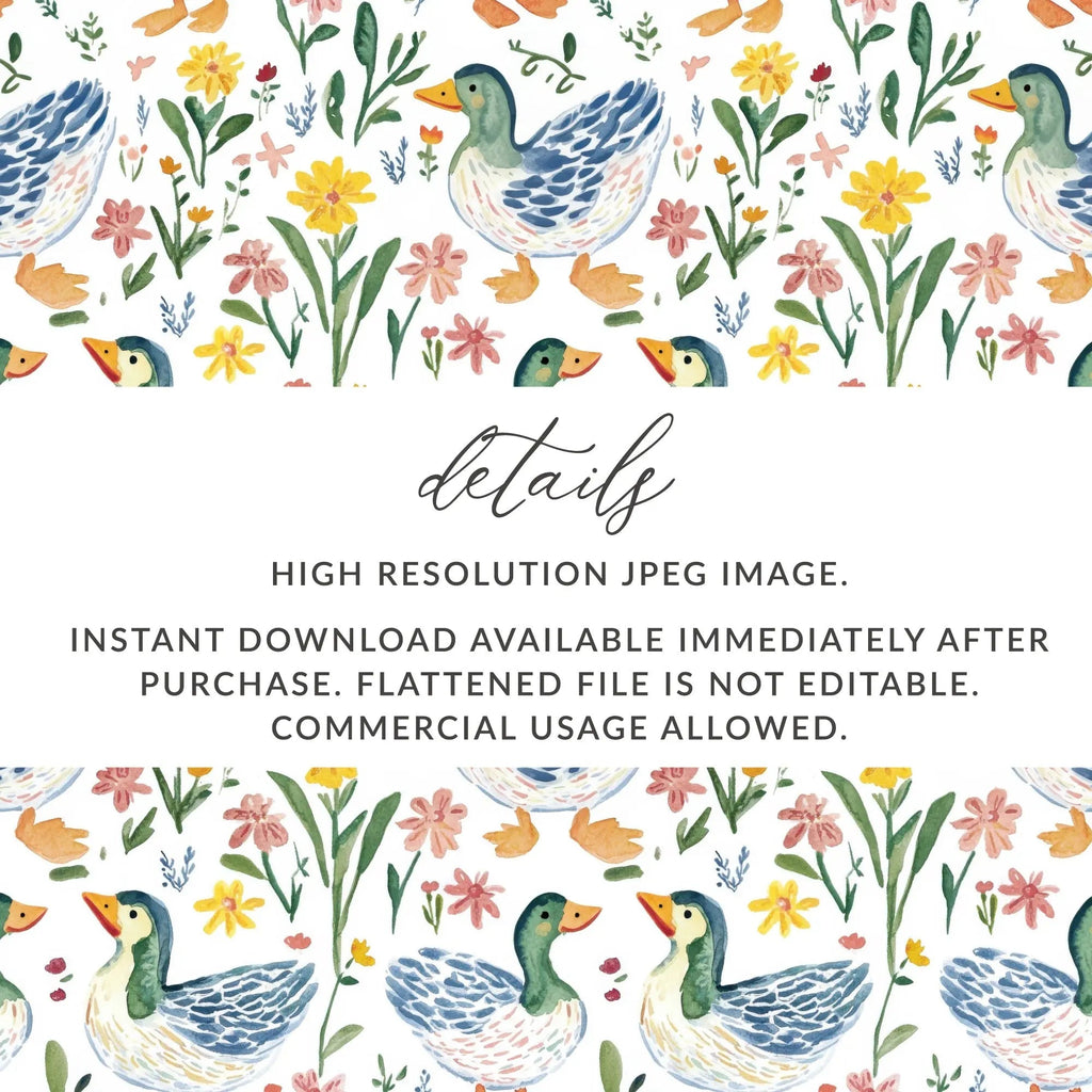 Duck and Floral Digital Paper, Watercolor Seamless Pattern, Farmhouse Style, 2 JPEG Scales, Cute Animal Print, Digital Download - Moore and Mountain