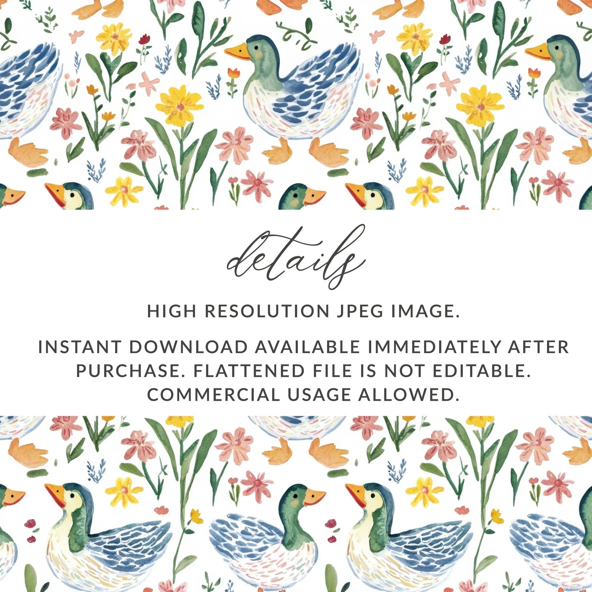 Duck and Floral Digital Paper, Watercolor Seamless Pattern, Farmhouse Style, 2 JPEG Scales, Cute Animal Print, Digital Download - Moore and Mountain