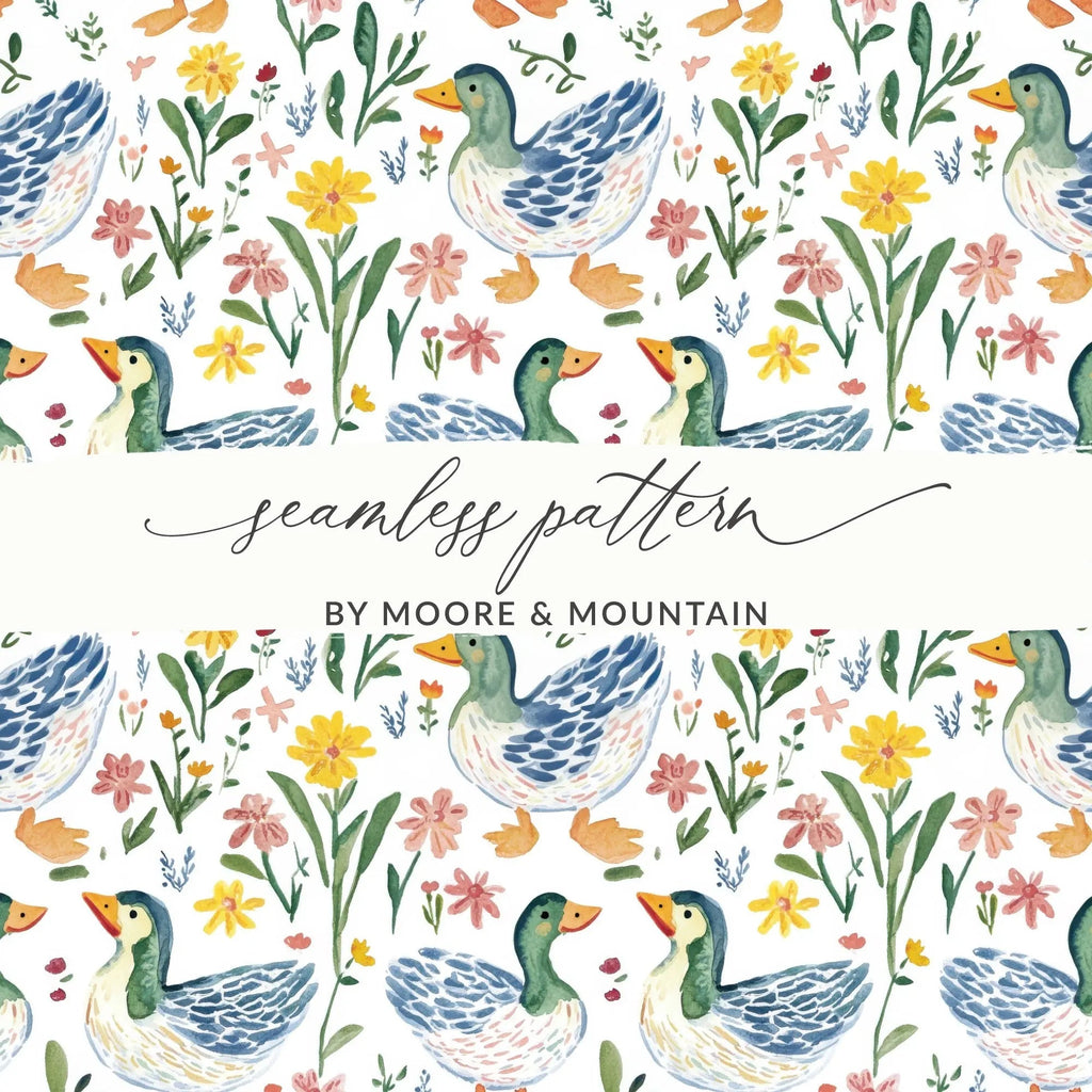 Duck and Floral Digital Paper, Watercolor Seamless Pattern, Farmhouse Style, 2 JPEG Scales, Cute Animal Print, Digital Download - Moore and Mountain